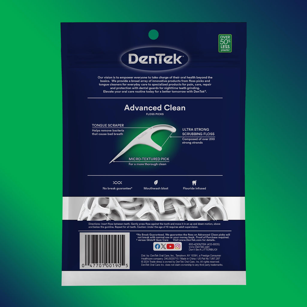 DenTek Advanced Clean Floss Picks with No Break & No Shred Dental Floss, Plaque Remover, 150 Count, Pack of 3