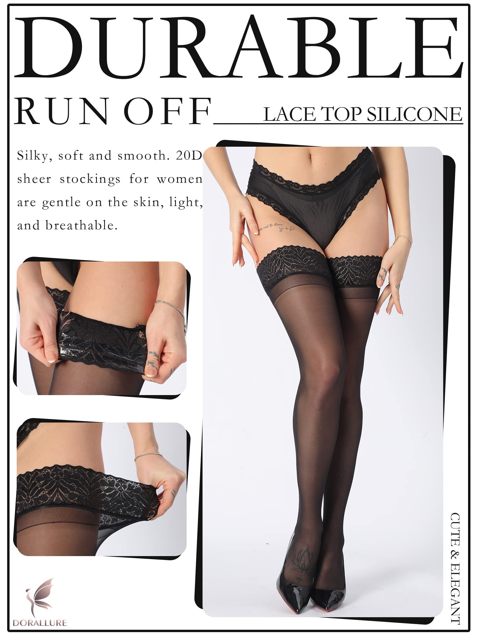DORALLURE Thigh High Stockings Silicone Lace Top Stay Up Silky Semi Sheer Pantyhose for Women Hold Up Nylon,Black