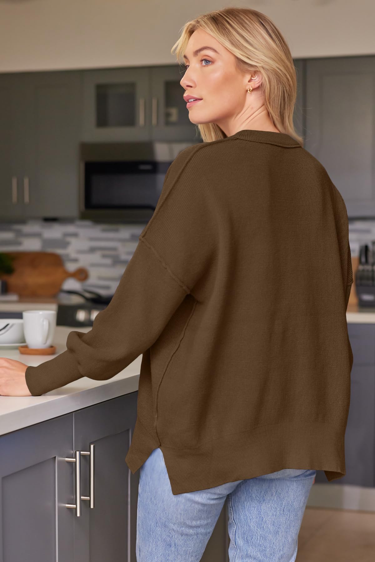 LILLUSORY Oversized Sweaters for Women 2025 Fall Fashion Outfits Trendy Crewneck Knit Cute Lightweight Sweater Pullover Tops Long Sleeve Shirts Winter Clothes LightCoffee S