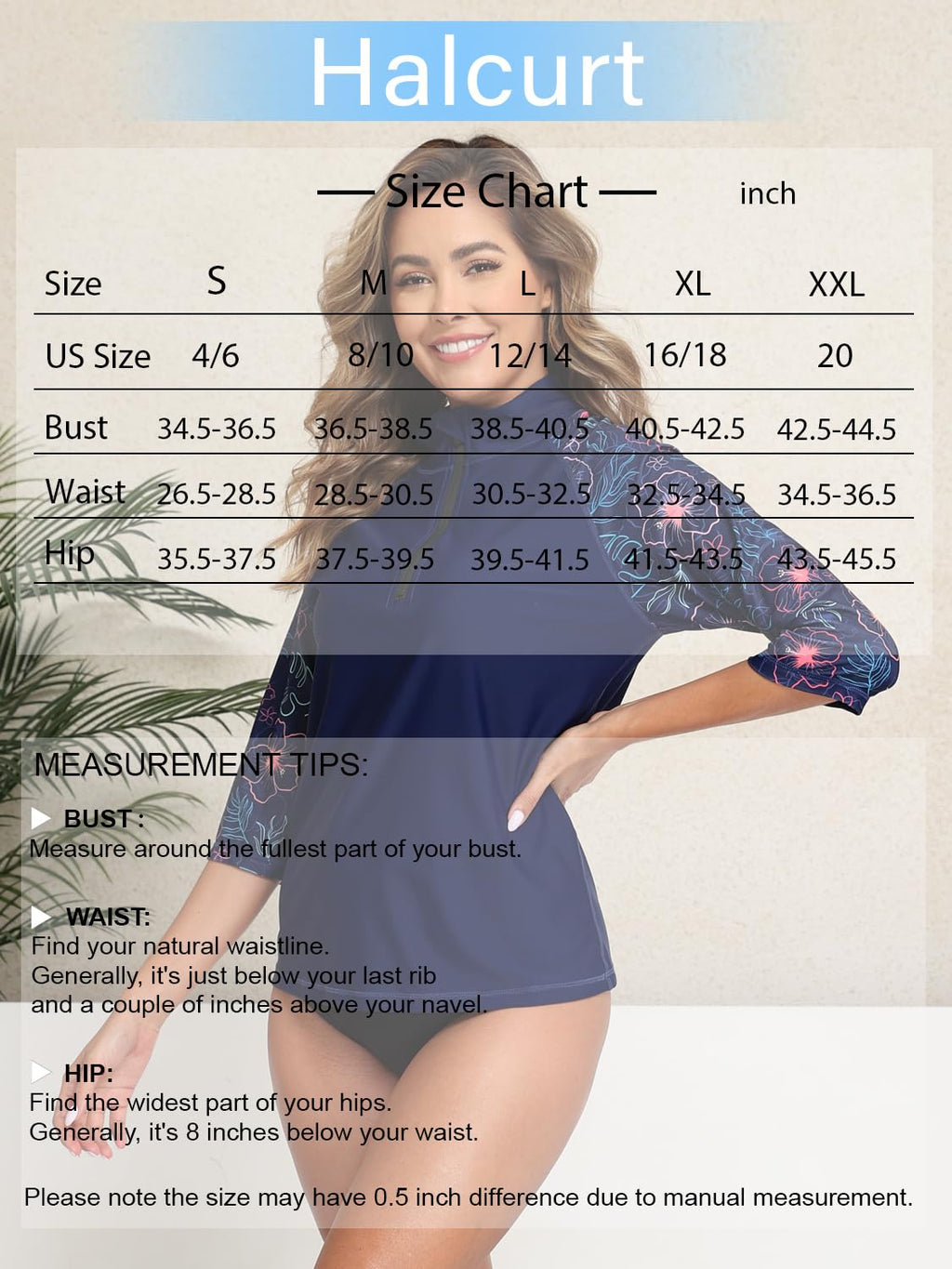 Halcurt Women's 3/4 Sleeve Rash Guard Swimsuit Top High Neck Half Zip Swim Shirt Only UPF50+ Quick Dry Bathing Suit Floral M