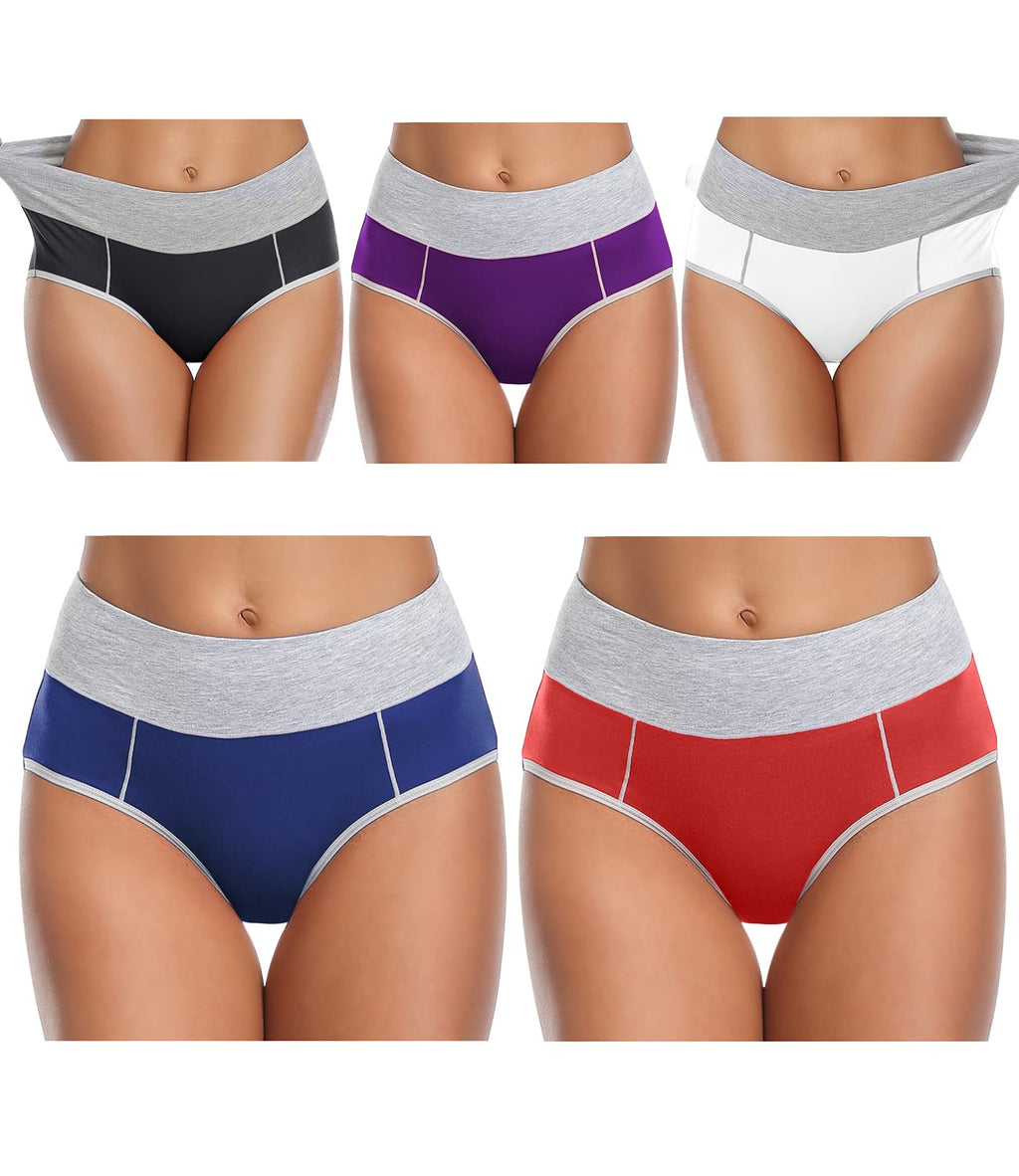 wirarpa Women's Cotton Underwear High Waist Stretch Briefs Soft Underpants Ladies Full Coverage Panties 5 Pack Black Purple White Navy Red Medium
