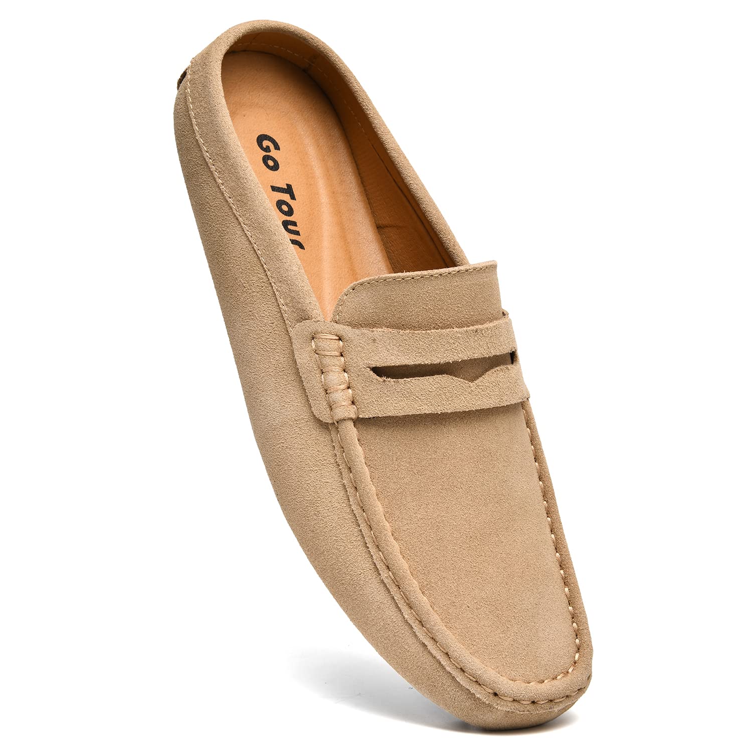 Go Tour Mens Handmade Suede Leather Mules Clog Slippers Breathable Leather Slip on Shoes Casual Loafers Beige 11/46