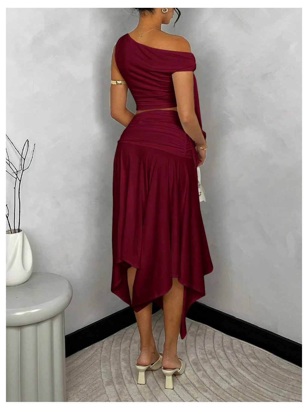 WDIRARA Women's 2 Piece Outfits Asymmetrical Neck Sleeveless Top and Split Thigh Ruffle Midi Skirt Set Burgundy Small