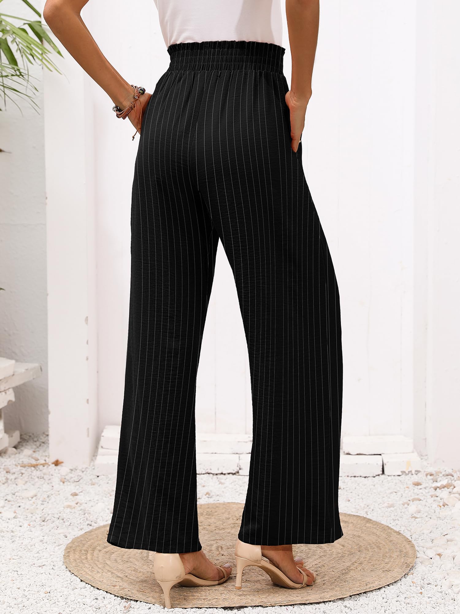 Heymoments Women's Wide Leg Lounge Pants with Pockets B Stripe Small Lightweight High Waisted Adjustable Tie Knot Loose Comfy Casual Trousers