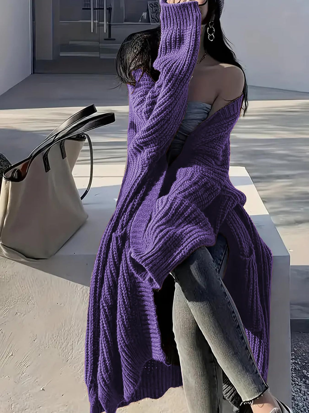 Womens Long Sleeve Cardigan Sweaters Open Front Knit Long Cardigans Duster with Pockets 2024 Fall Winter Oversized Coat (US, Alpha, Small, Regular, Regular, Purple)