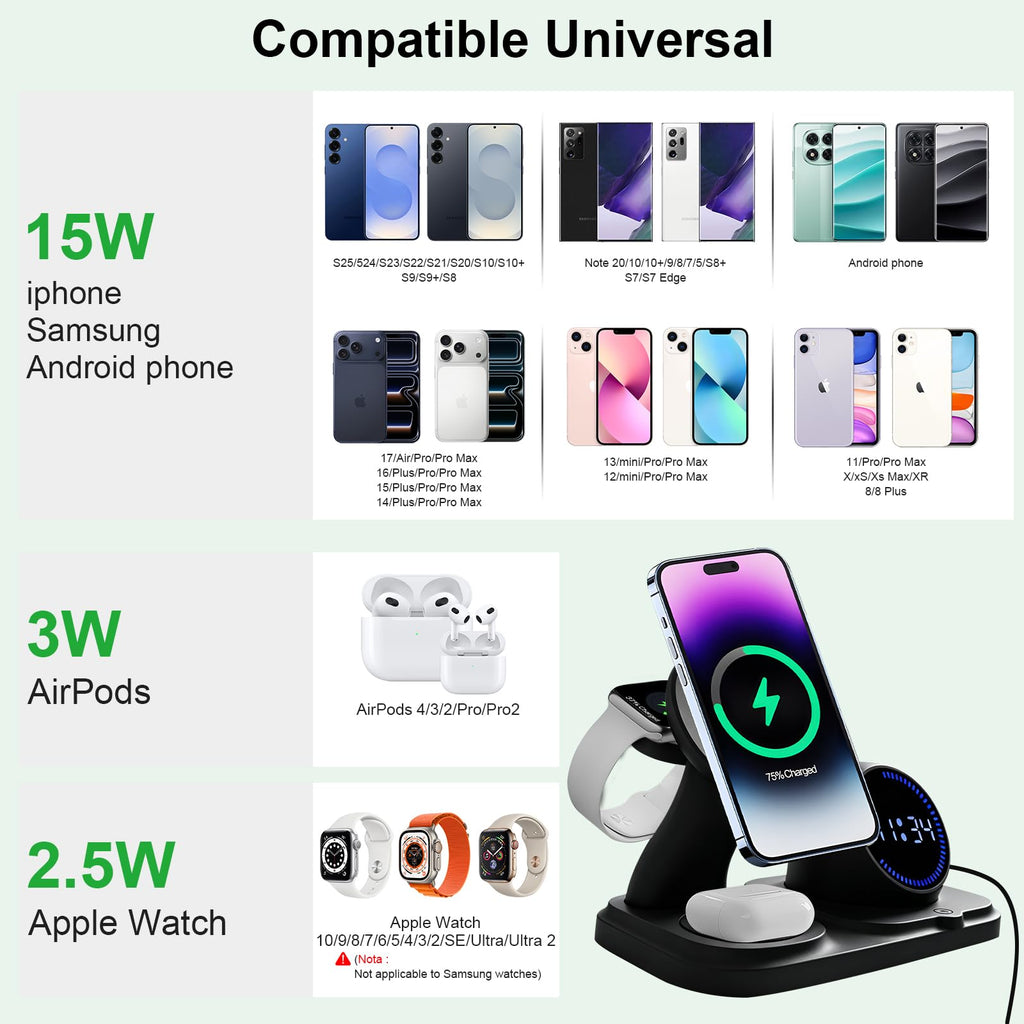 6-in-1 Wireless Charging Station with Bluetooth Speaker,Digital Clock and Ambient Lights,Fast Wireless Charger for Multiple Devices for Apple - iPhone 17 16 15 14 13 12 Pro Max Apple Watch Airpods
