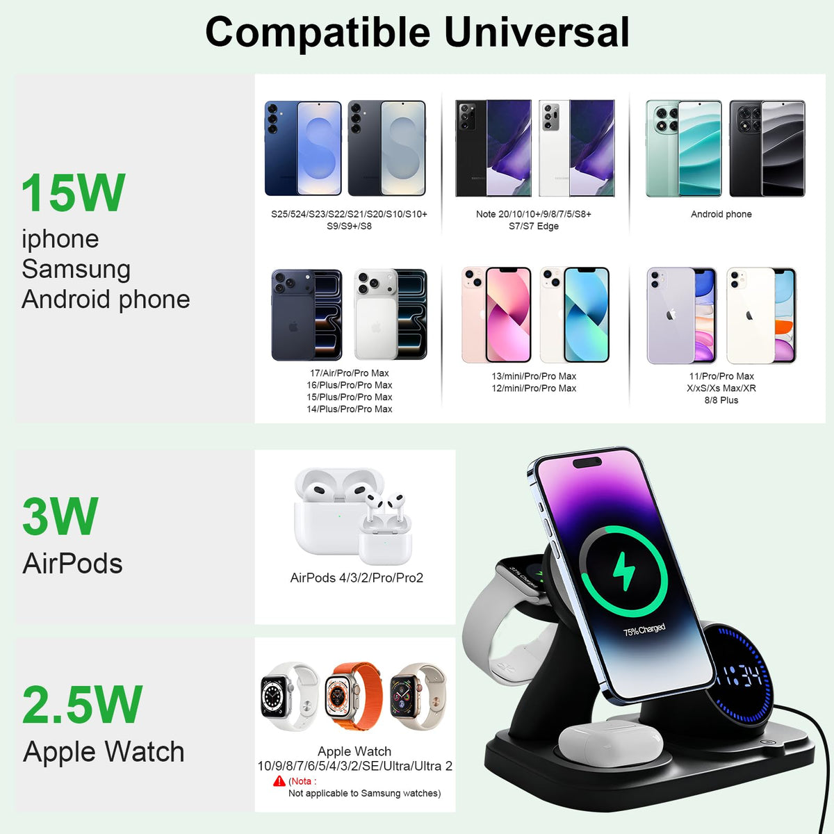6-in-1 Wireless Charging Station with Bluetooth Speaker,Digital Clock and Ambient Lights,Fast Wireless Charger for Multiple Devices for Apple - iPhone 17 16 15 14 13 12 Pro Max Apple Watch Airpods