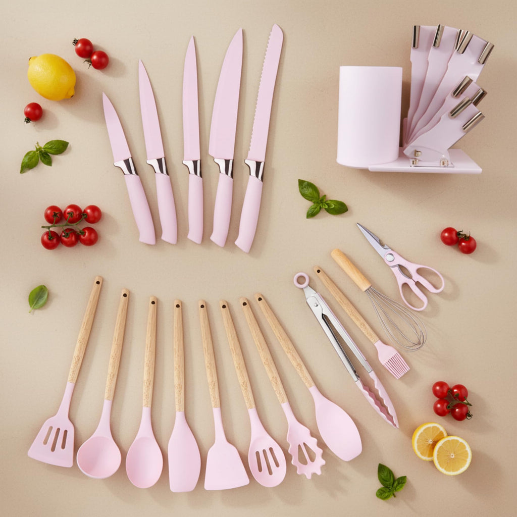 DANFFI 19-Piece Pink Kitchen Utensil Set – Silicone Cooking Tools with Wooden Handles, Non-Stick & Heat Resistant, Includes Knives, Scissors & Cutting Board – BPA-Free Kitchen Accessories