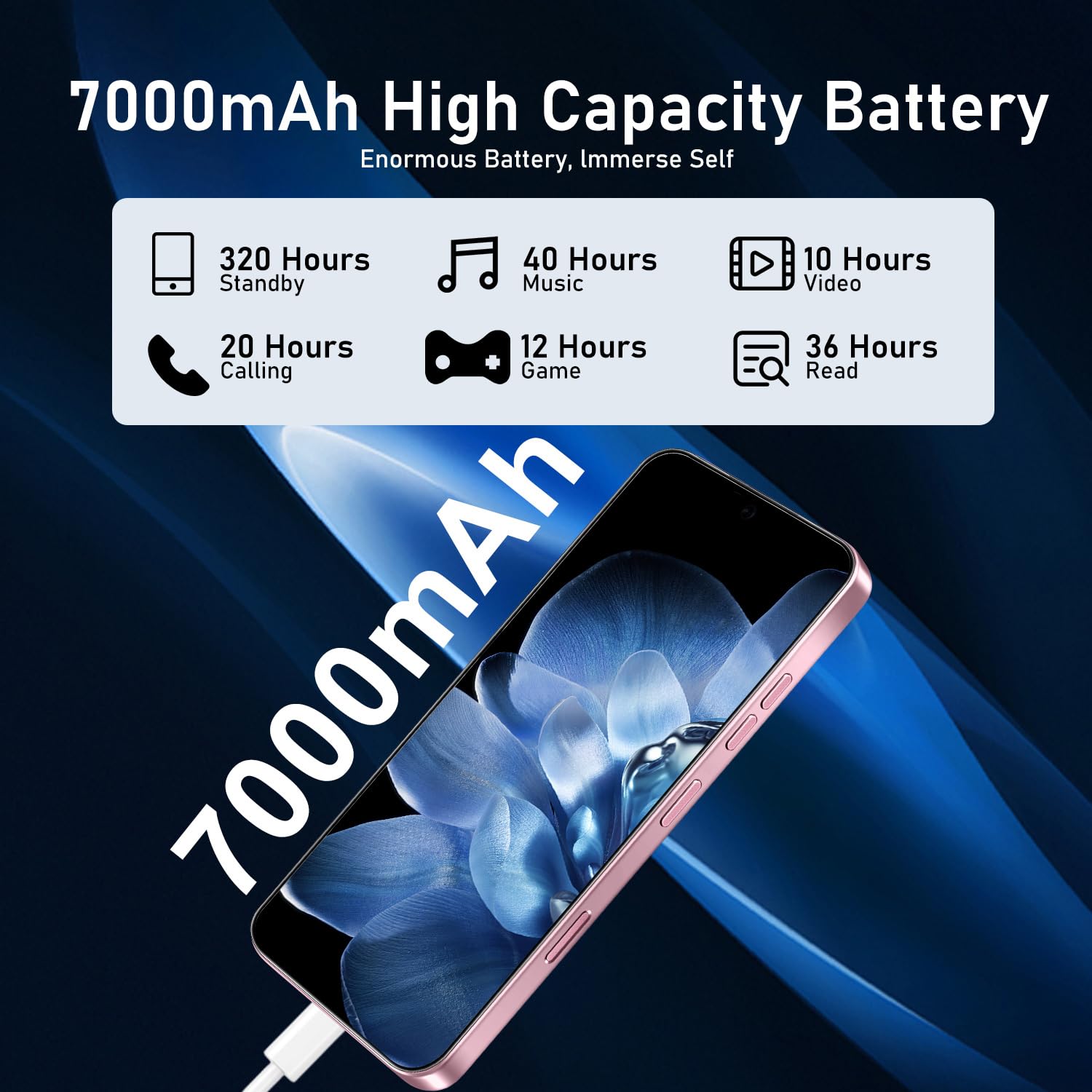 JQAKP 16PM 5G Phone,Smartphone Unlocked Cell Phone 16GB+512GB/6.99“ HD Screen Display/68MP+108MP Camera/7000 mAh, Dual SIM Card/Face Unlock/Fingerprint Button Unlock (Pink)