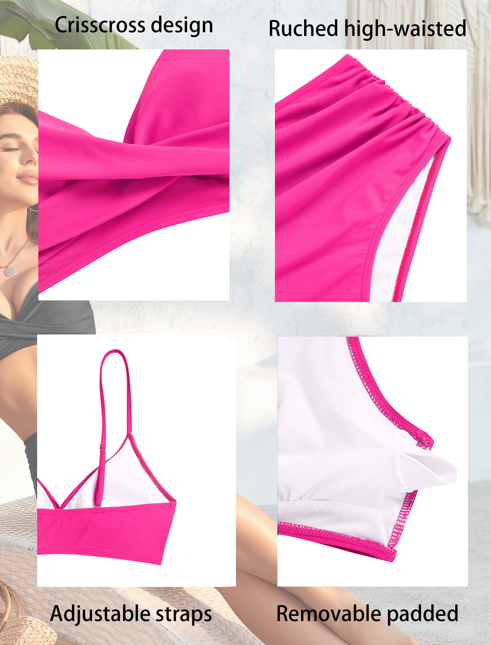 ZAFUL Women High Waisted Bikini Sets Hot Pink Two Piece Swimsuits 2 Piece Push Up Twist Front Ruched Bathing Suits Hot Pink M