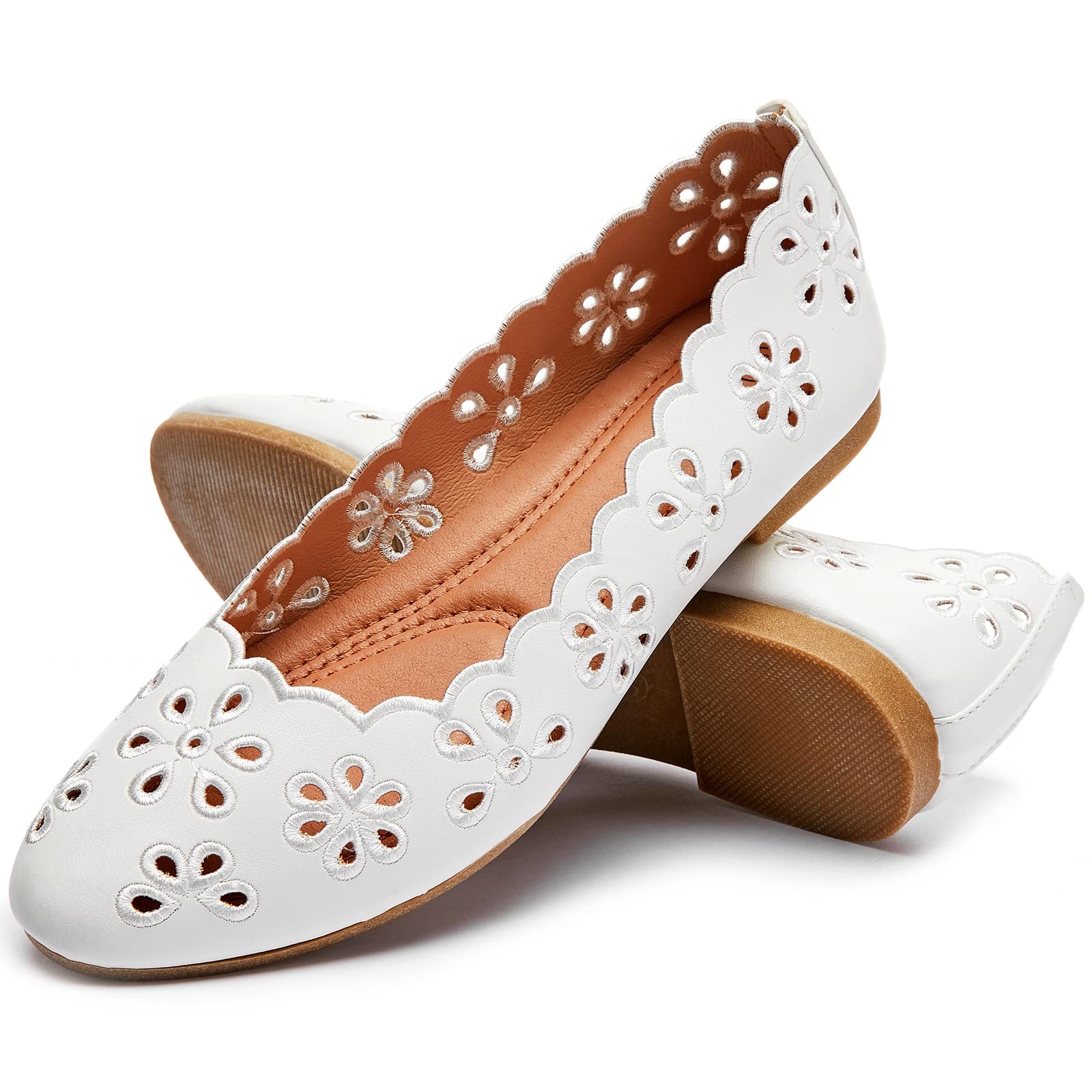 FRACORA Women's Ballet Flats Black PU Leather Dress Shoes Comfortable Round Toe Slip on Flats with Breathable Eyelets(White.US8)