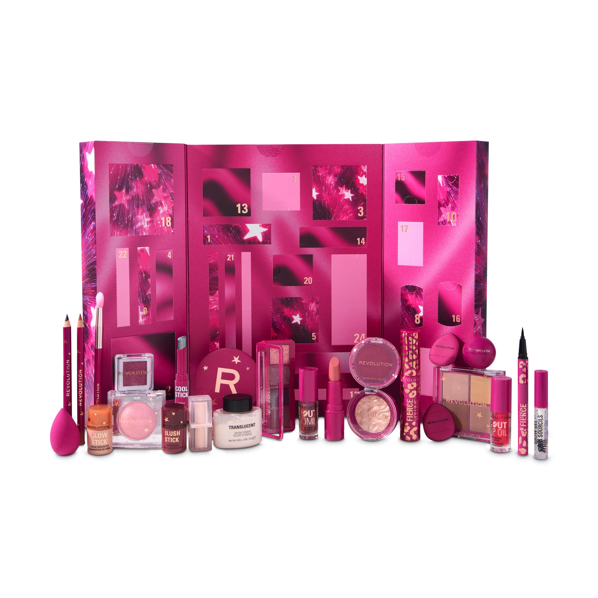 Revolution Makeup Advent Calendar, 24-Piece Beauty Gift Set for Lips, Eyes, & Face, Features Essential Cosmetics & Tools, Vegan & Cruelty-Free