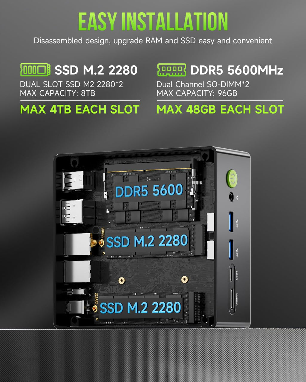 GMKtec Gaming PC, K11 AMD Ryzen 9 8945HS(8C/16T, Up to 5.2GHz), 32GB DDR5 RAM 512GB Mini PC Desktop Computer, Oculink, Dual NIC 2.5GbE LAN, HDMI/DisplayPort/USB4*2