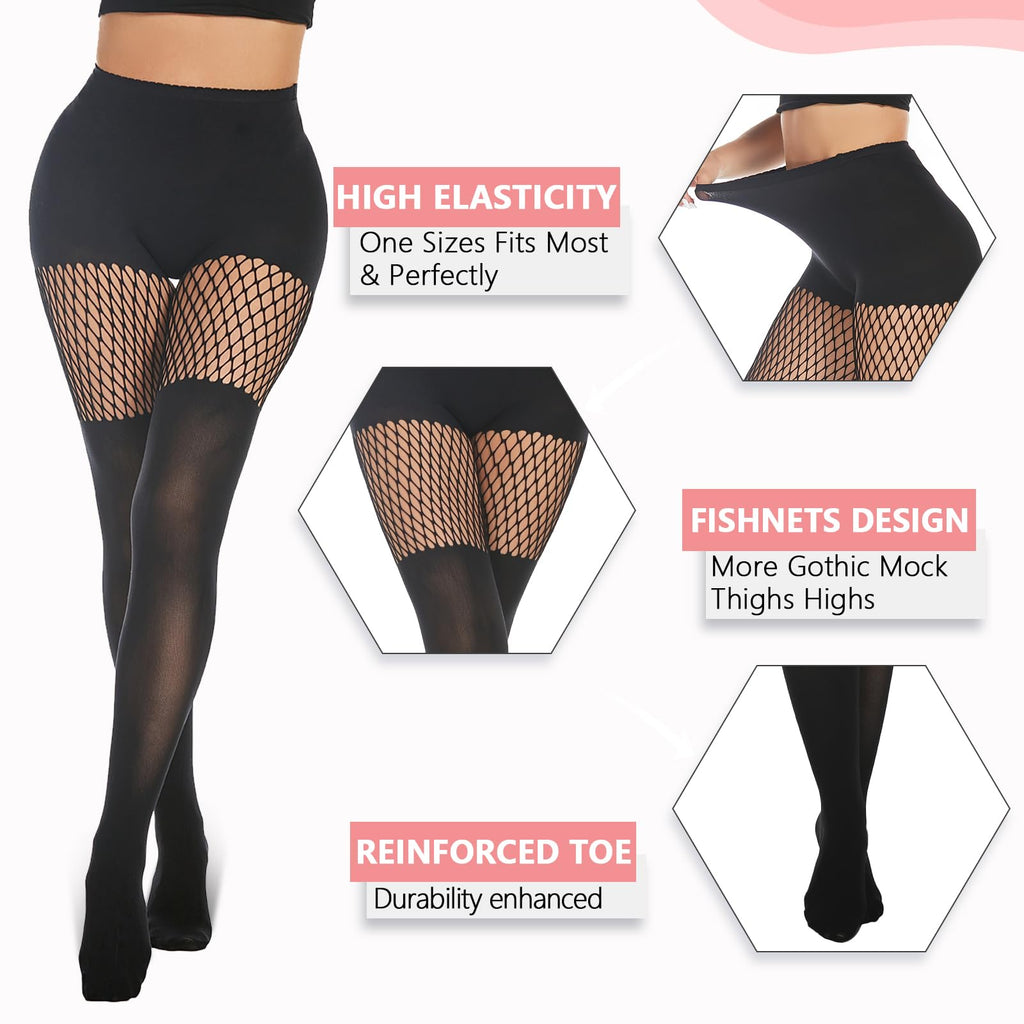 MANZI Faux Thigh High Tights Mock Suspender Pantyhose Striped Goth Fishnets Pack of 2 Grid/Suspender One Size