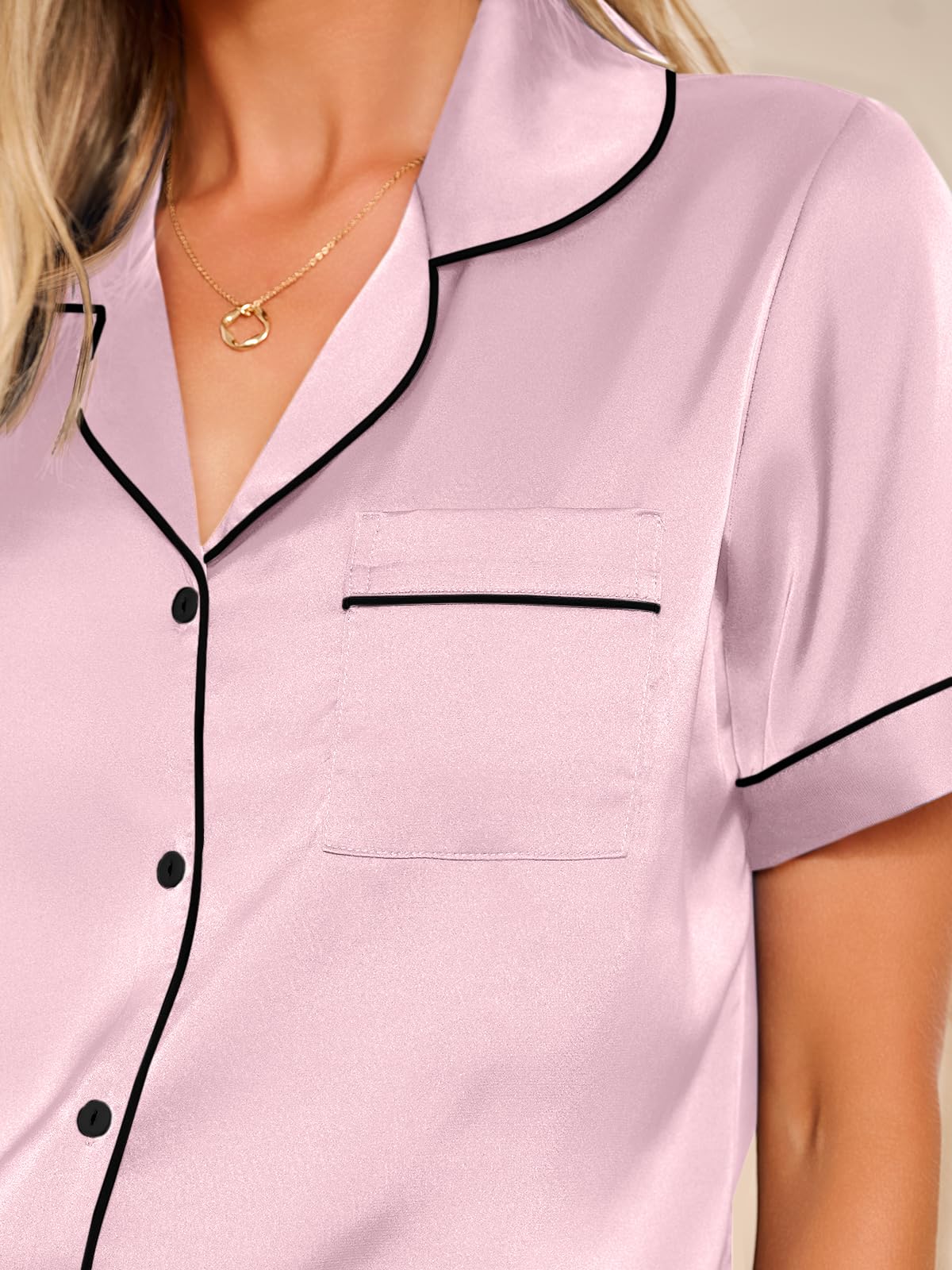 LILLUSORY Silk Satin Pajama Set for Women 2 Piece Lounge Pjs Winter Matching Summer Sleepwear Button Down Shirt Shorts Pink M