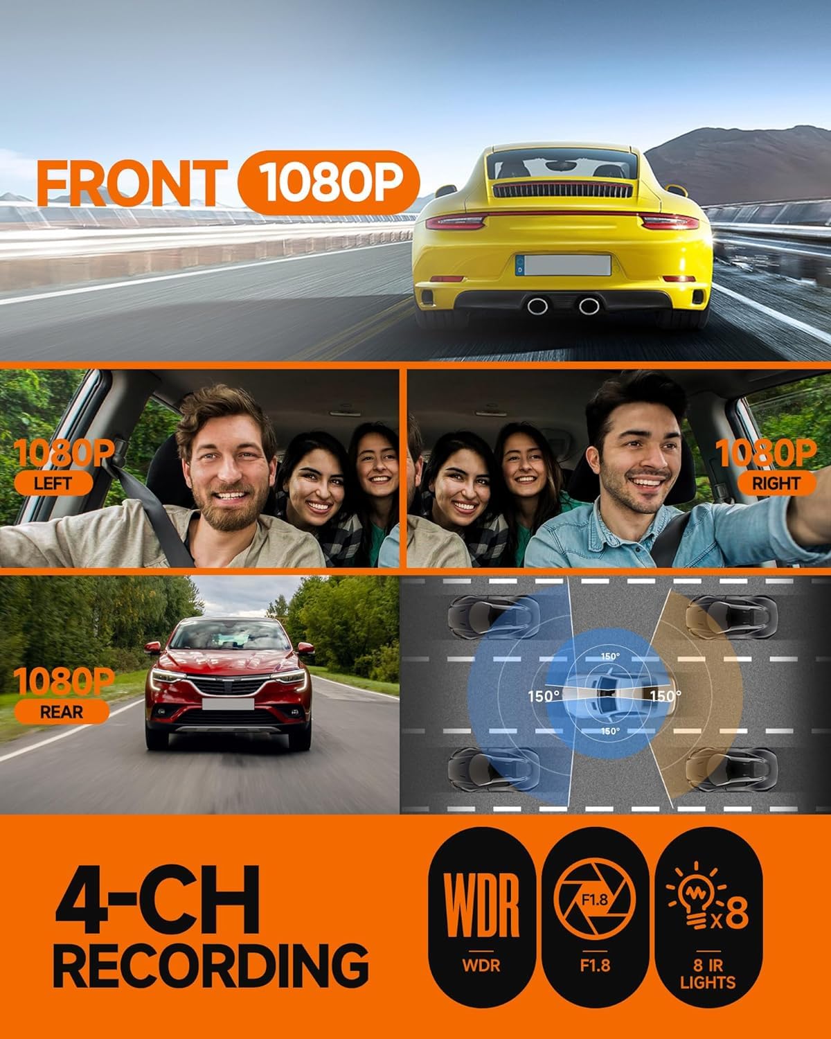 Neideso 360° Dash Cam Front and Rear Inside, 4 Channel FHD 4 * 1080P, Wi-Fi GPS Voice Control Car Camera, Front 2K+1080P*2 Dash Camera for Cars, with 64GB SD Card, Night Vision, 24H Parking Mode(N300)