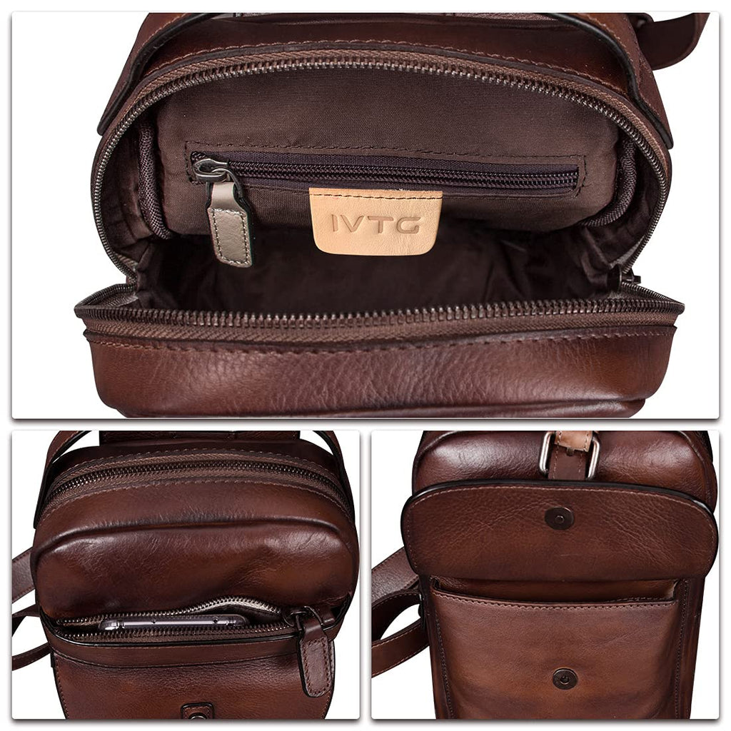 IVTG Genuine Leather Sling Bag Chest Shoulder Fanny Bag Hiking Backpack Vintage Handmade Crossbody Daypack (Coffee)