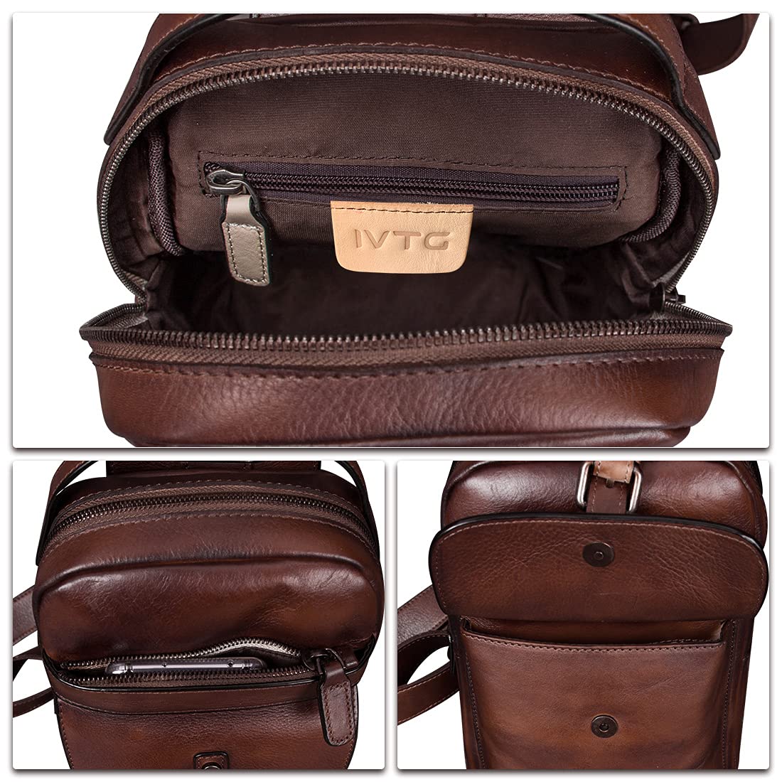 IVTG Genuine Leather Sling Bag Chest Shoulder Fanny Bag Hiking Backpack Vintage Handmade Crossbody Daypack (Coffee)