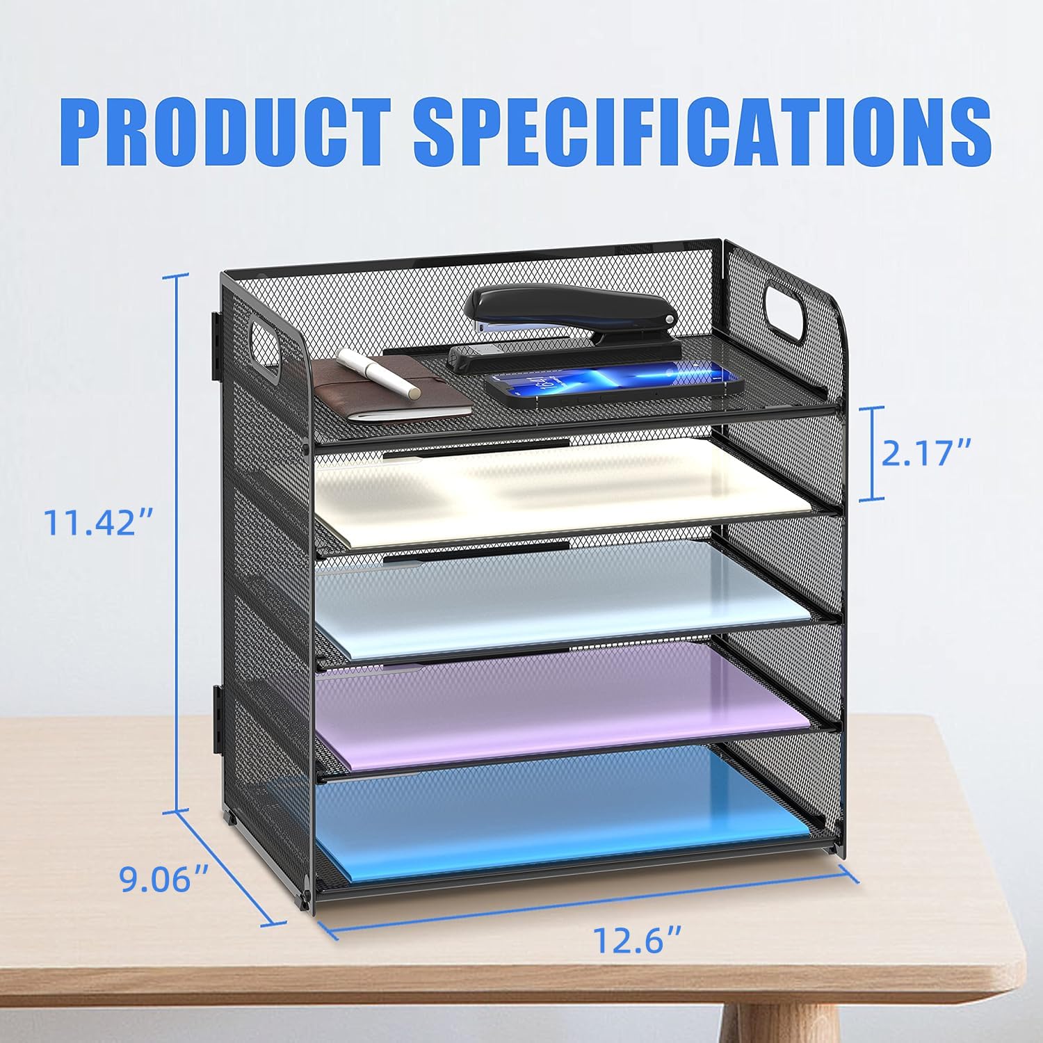 Supeasy 5 Trays Paper Organizer Letter Tray with Handle-Mesh Desk File Holders, Paper Sorter Desk Organizer for Office, Home, Classroom or School