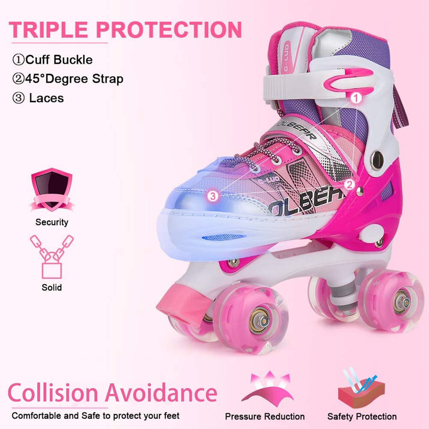 Sowume Adjustable Kids Roller Skates for Girls and Women, All 8 Wheels of Girl's Skates Shine, Safe and Fun Illuminating for Beginner