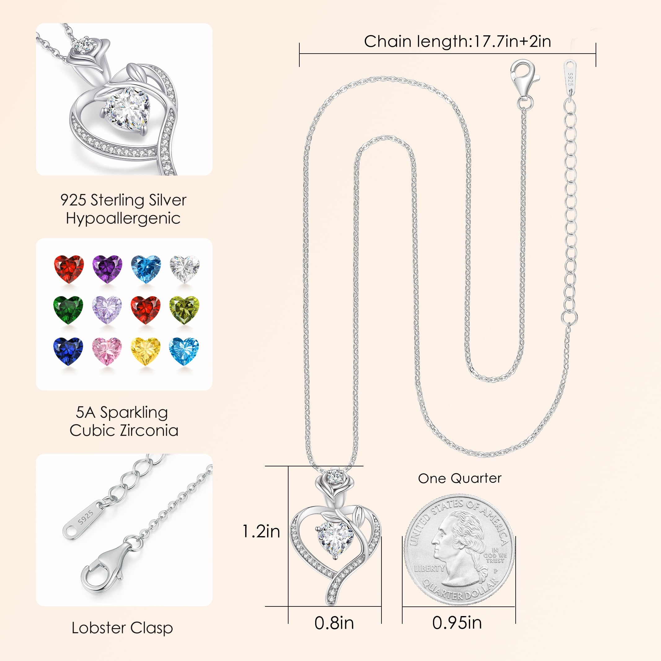 LOUISA SECRET Mothers Day Gifts for Mom Rose Flower Heart Birthstone Necklaces for Women, 925 Sterling Silver Jewelry, Pendant Heart Necklaces Birthday Anniversary Christmas Gift for Women Wife Mom Girlfriend Lady