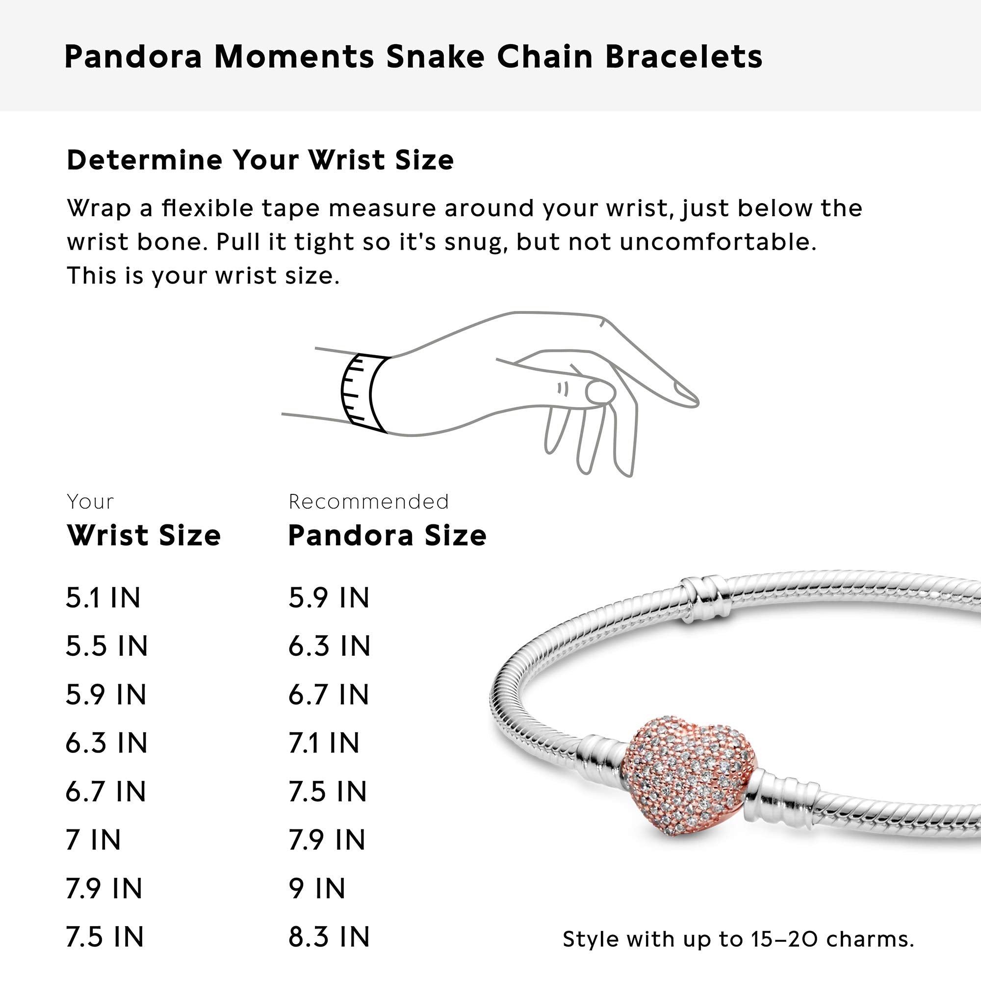 Pandora Jewelry - Moments Pave Heart Clasp Snake Chain Cubic Zirconia Bracelet - Gift for Her - Pandora Rose - 6.7"