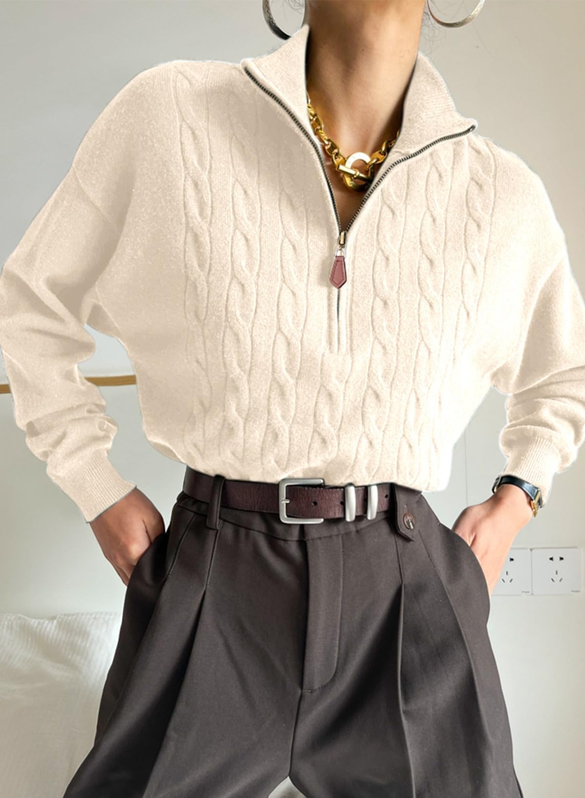 Dokotoo White Womens Early Fall Sweaters for Women Trendy 2025 Outfits Winter Clothes Cable Knit Dressy Casual Women's Sweater Fashion Old Money Cute Quarter Zip Sweater Pullover Oversized Tops