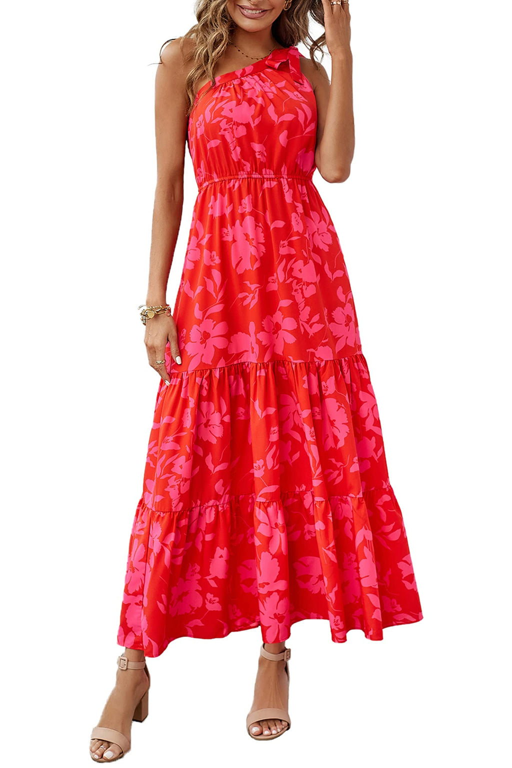 PRETTYGARDEN Women's Summer Floral Maxi Dress Knot One Shoulder Sleeveless Ruffle Flowy Boho Beach Wedding Guest Dresses (Red Floral,Medium)