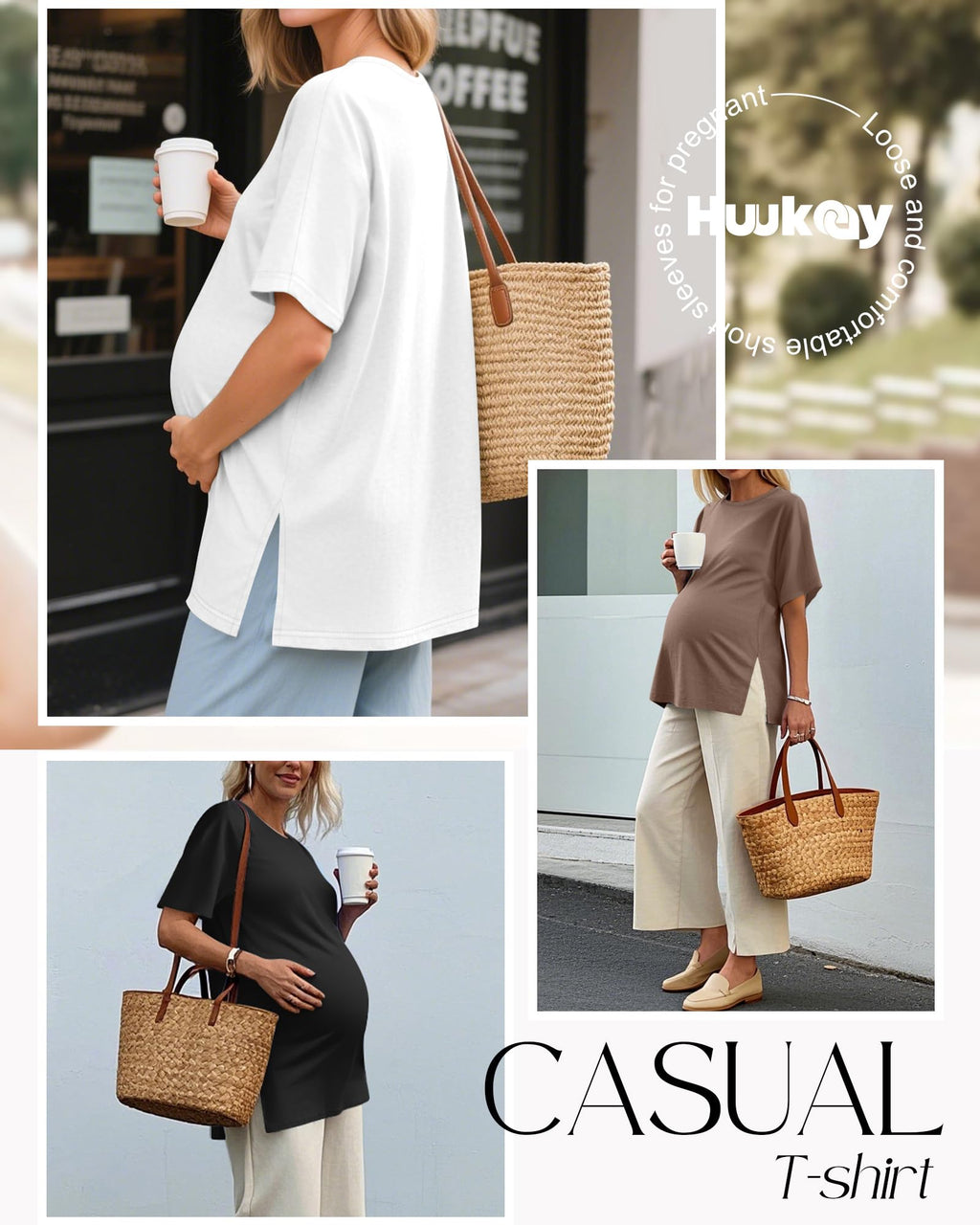 Huukeay 3 Pack Women's Maternity Shirts Loose Fit Pregnancy Tunic Tops Split Side Casual Summer Oversized Pregnancy Clothes(Coffee, White, Black,XX-Large)