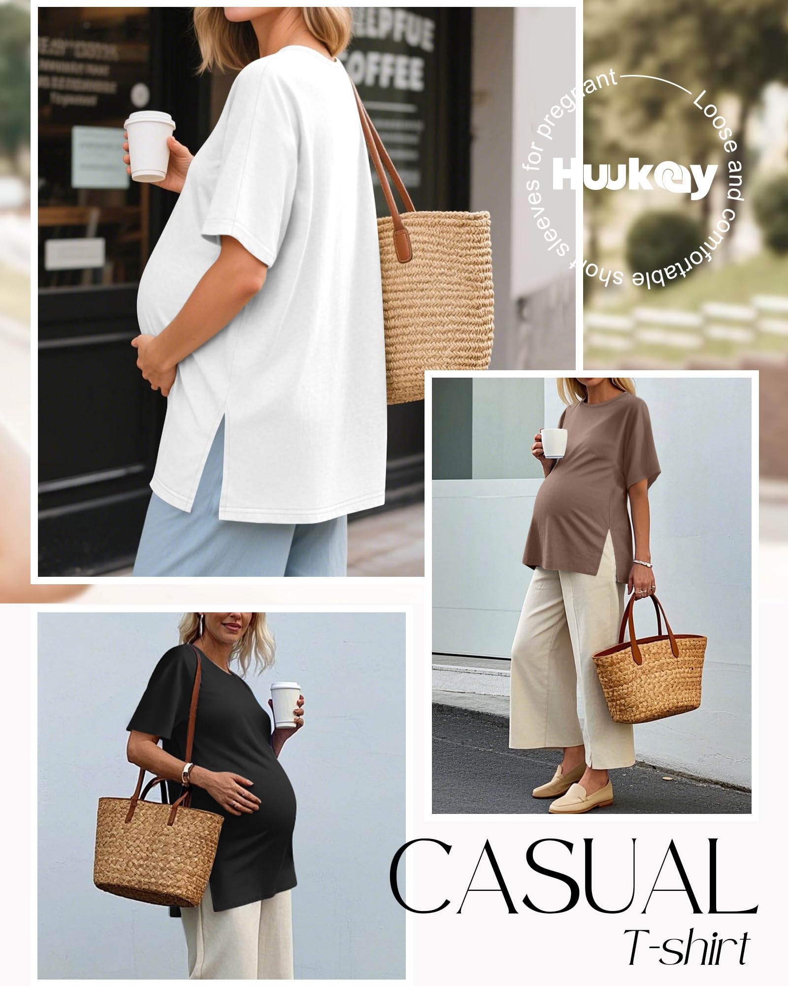 Huukeay 3 Pack Women's Maternity Shirts Loose Fit Pregnancy Tunic Tops Split Side Casual Summer Oversized Pregnancy Clothes(Coffee, White, Black,XX-Large)