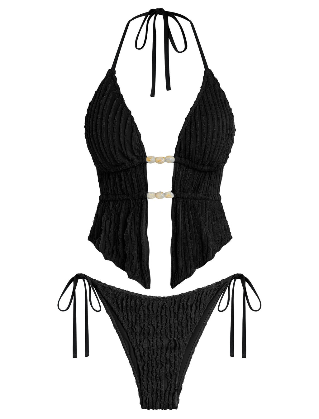 ZAFUL Halter Swimsuits for Women Textured Backless 2 Piece Bathing Suits Cheeky High Cut String Tie Side Bikini Sets 0-Black S