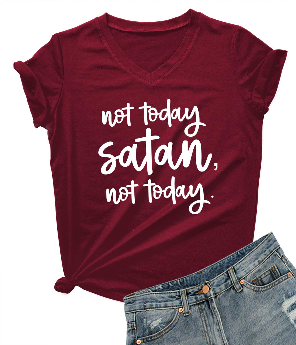 DANVOUY Women Not Today Satan V-Neck Graphic T-Shirt Casual Tops Tees Wine Red Large