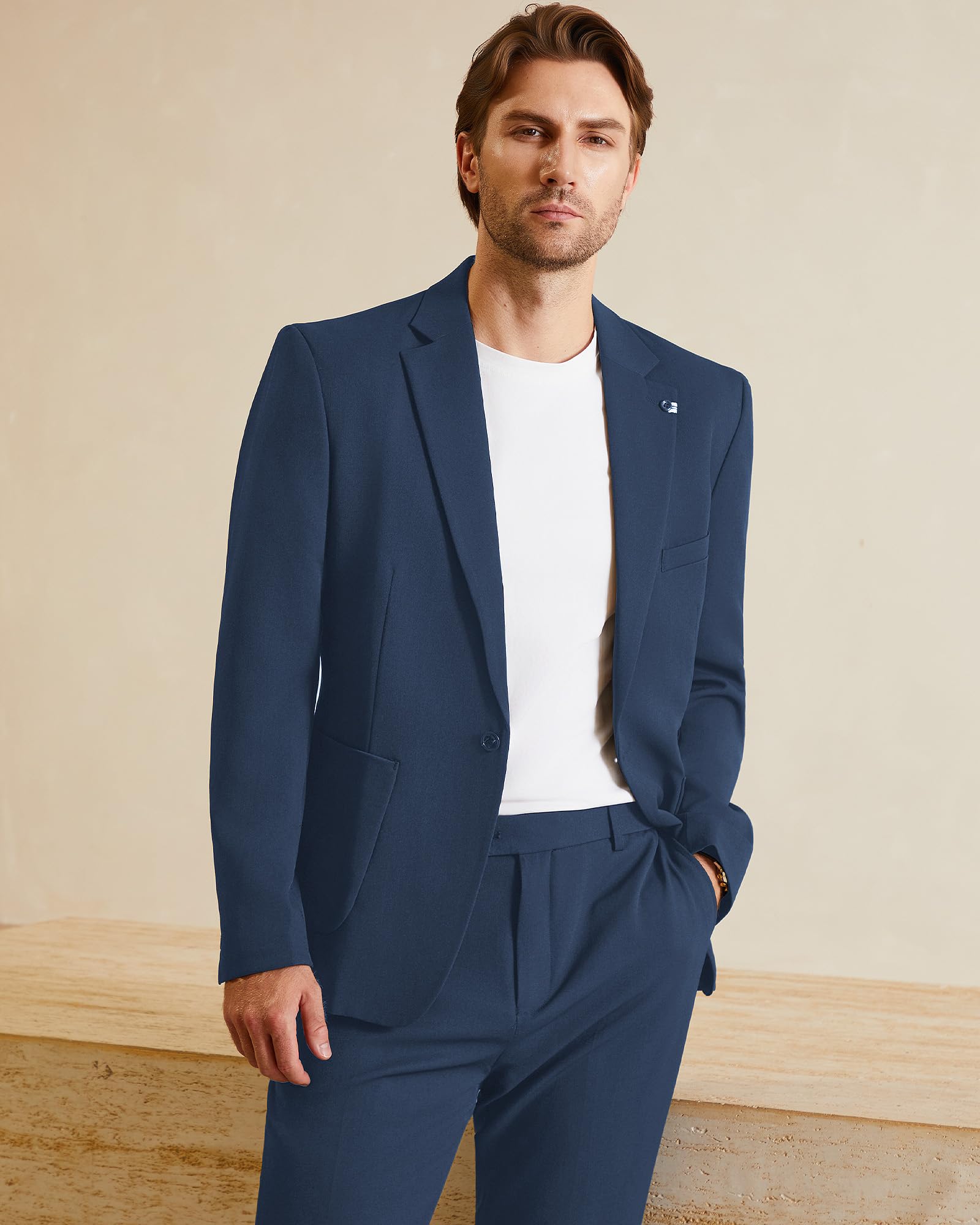 WULFUL Men's 2 Piece Slim Fit Suit Set One Button Blazer Jacket Pants Set Navy