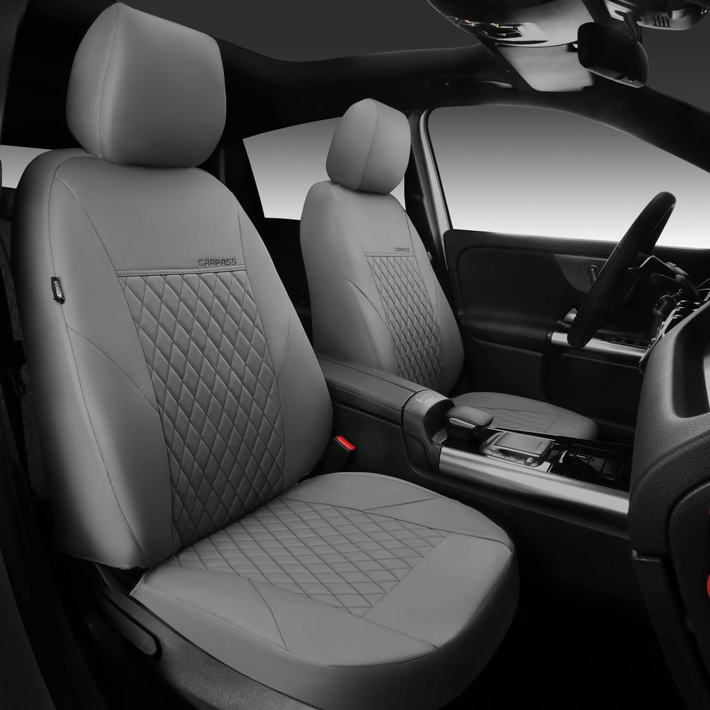 CAR PASS Quilting Faux Leather Seat Covers Full Set, Waterproof Deluxe PU Premium Auto Seat Cover, Breathable Seat Covers Universal Fit for Most Sedan SUV Van Small Truck, Airbag Compatible All Gray