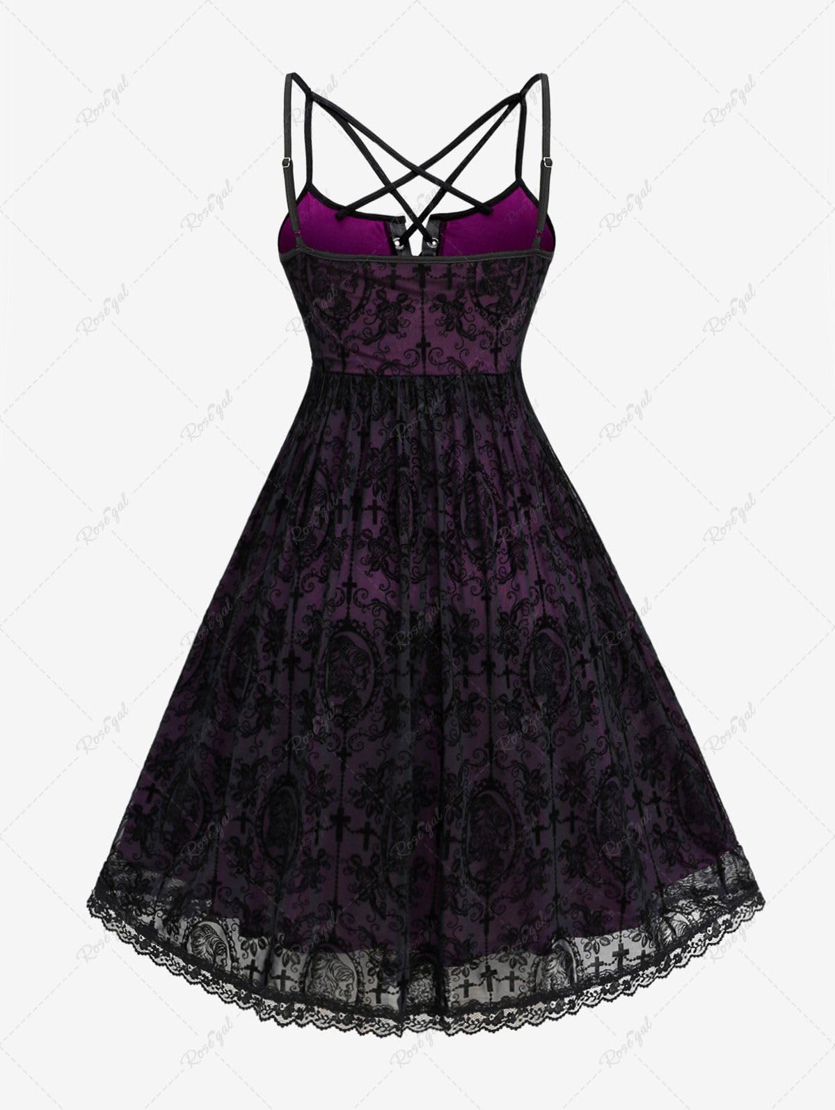 ROSE GAL Women Plus Size Gothic Lace-up Strappy Lace Overlay Midi Dress Vintage Backless Spaghetti Strap A Line Goth Dress(Black_3/1X)