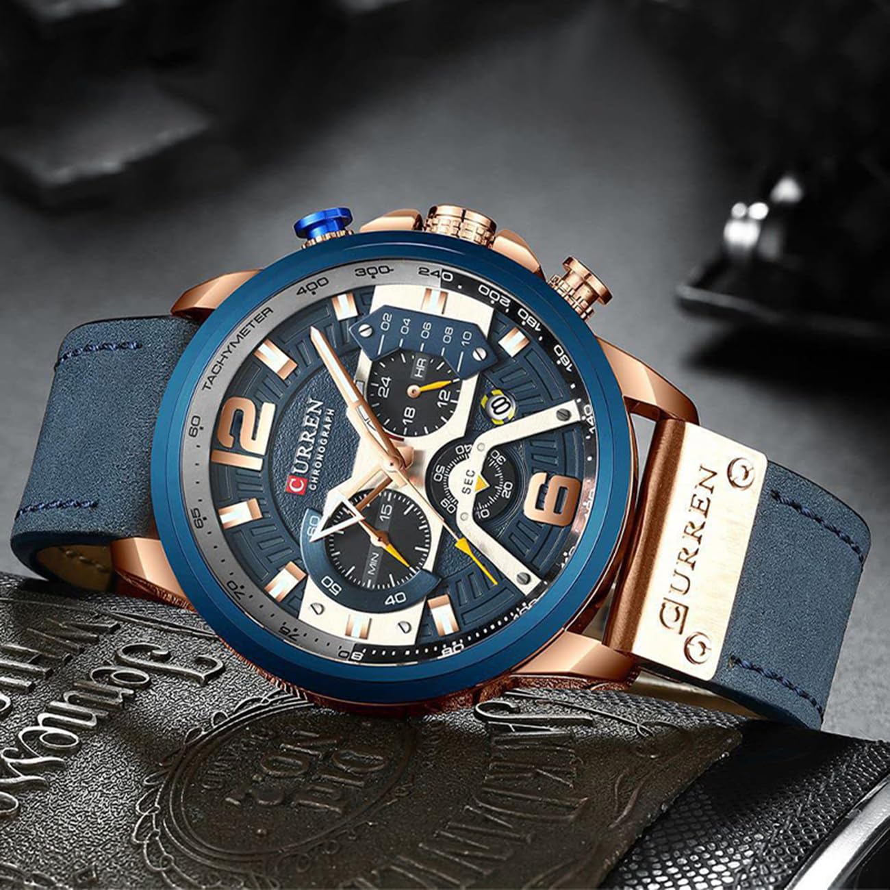 FANMIS Mens Luxury Watches Business Chronograph Dress Waterproof Leather Strap Analog Quartz Wrist Watch (Blue Rose)