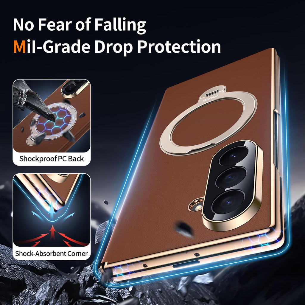 YOOVEI Magnetic for Samsung Galaxy Z Fold 8 Ultra Case Luxury Leather [Hinge Protection] Built-in [Screen Protector] [Fit for MagSafe] Zfold 8 Ultra Case with Kickstand & Ring Holder,Brown