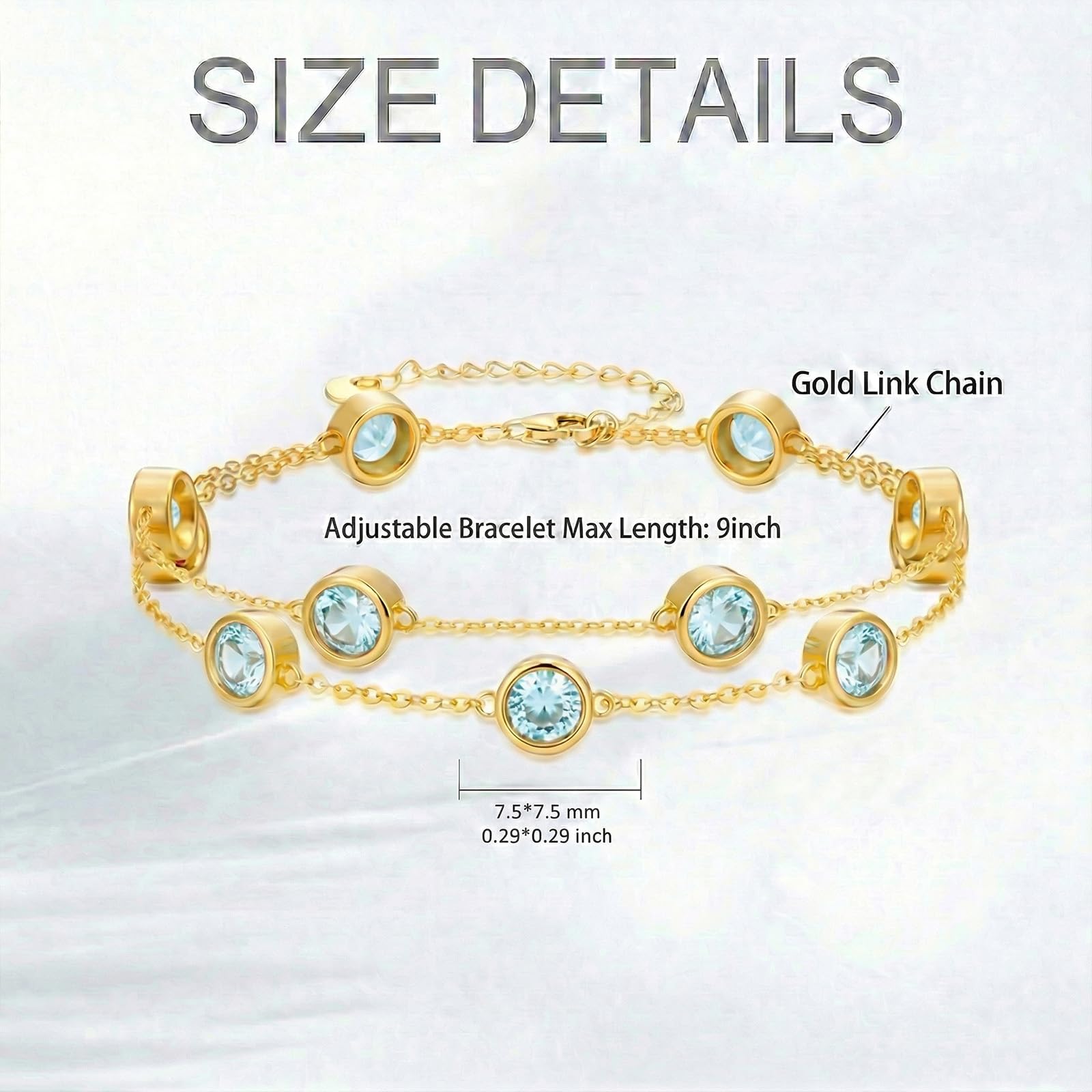 OJK Birthstone Bracelet for Women 14K Gold Aquamarine March Birthstone Bracelet Round Layered Bracelets Anniversary Birthday Jewelry Gifts for Wife Mom Her