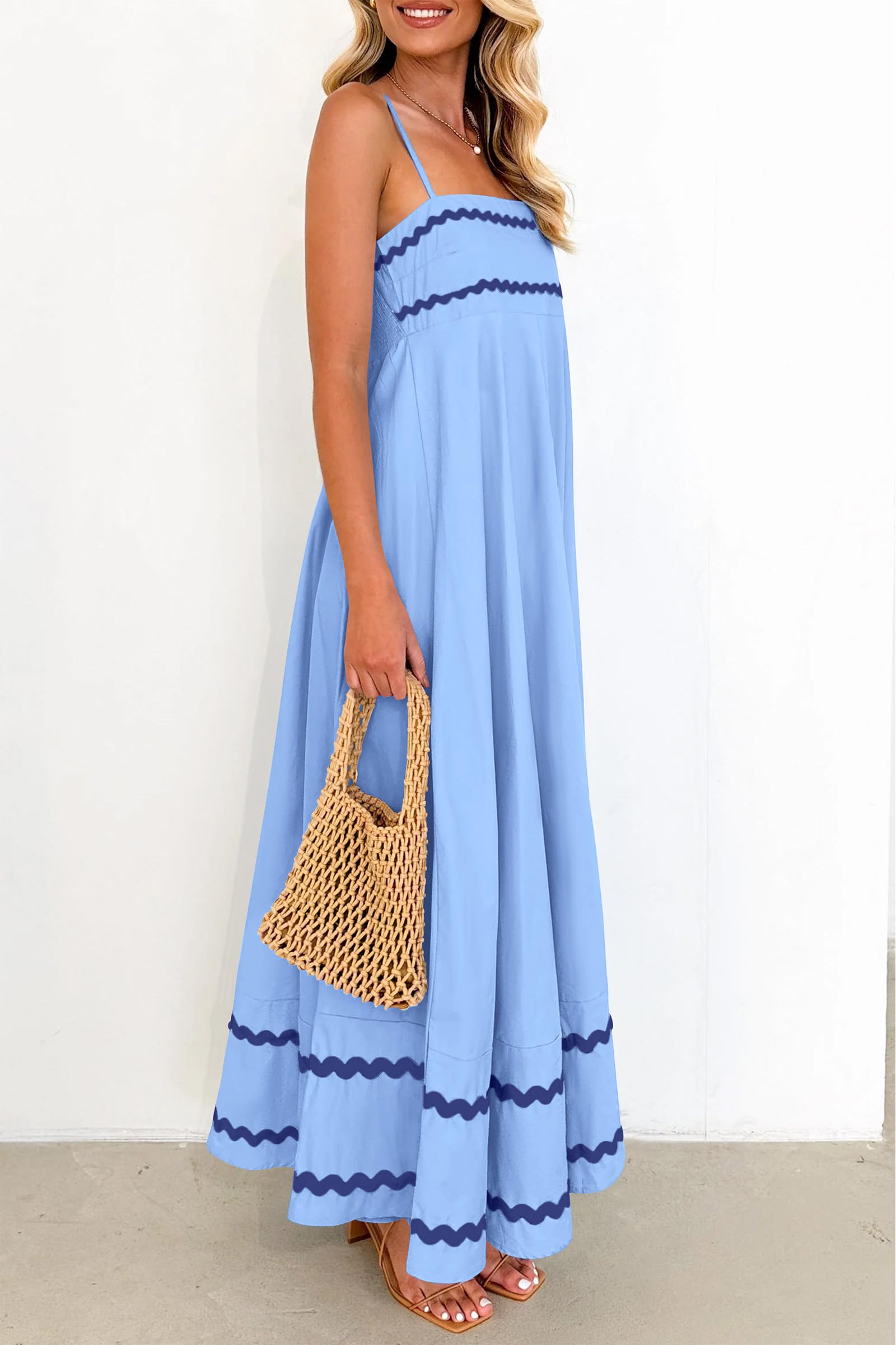 PRETTYGARDEN Women's 2025 Summer Flowy Maxi Dress Casual Sleeveless Spaghetti Strap Ruffle Beach Long Dresses (Light Blue,Large)