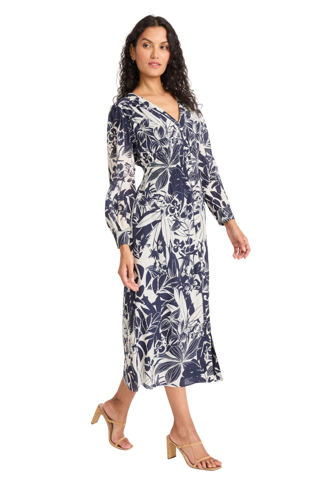 Maggy London - Women's Elegant Floral V-Neck Long Sleeve Midi Dress with Pockets for Wedding Guest & Spring Occasions - Medium