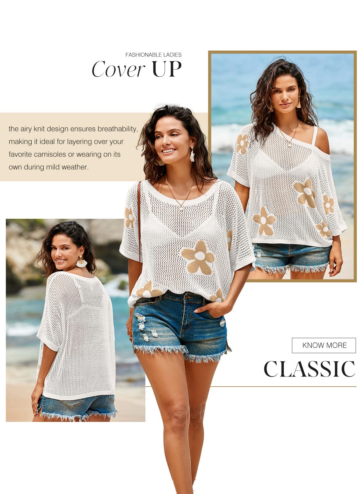 Dokotoo Womens 2026 Floral Summer Crochet Hollow Out Cute Tops Sweaters Tops Spring Off Shoulder Pullover Shirt Lightweight Knit Sweater Blouse Bathing for Women,White Large