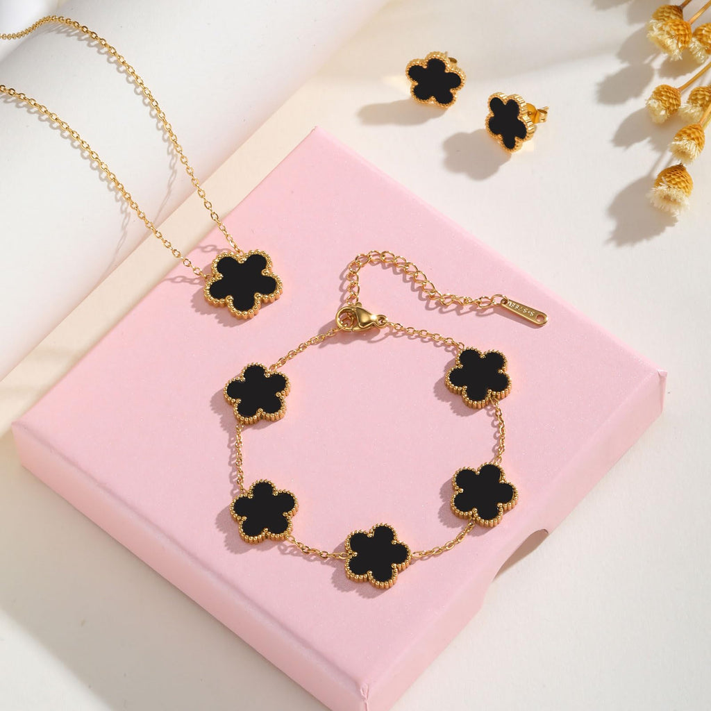 Gold Necklaces Bracelets Earring Set - 18K Gold Plated Flower Bracelet ,Stainless Steel Non Tarnish Floral Pendant Stud Jewelry Sets,Christmas Birthday Lucky Gift for Mom Wife Daughter Girlfriend