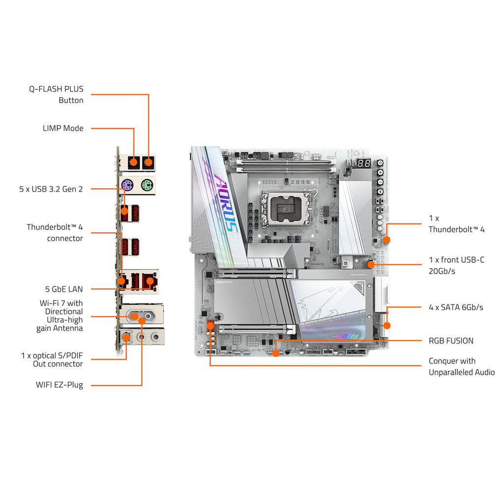 GIGABYTE Z890 AORUS Tachyon ICE Intel Core Ultra (Series 2) LGA 1851 Motherboard, E-ATX, DDR5, 4X M.2, PCIe 5.0, Thunderbolt 4, WIFI7, 5GbE LAN, D5 Bionic Corsa