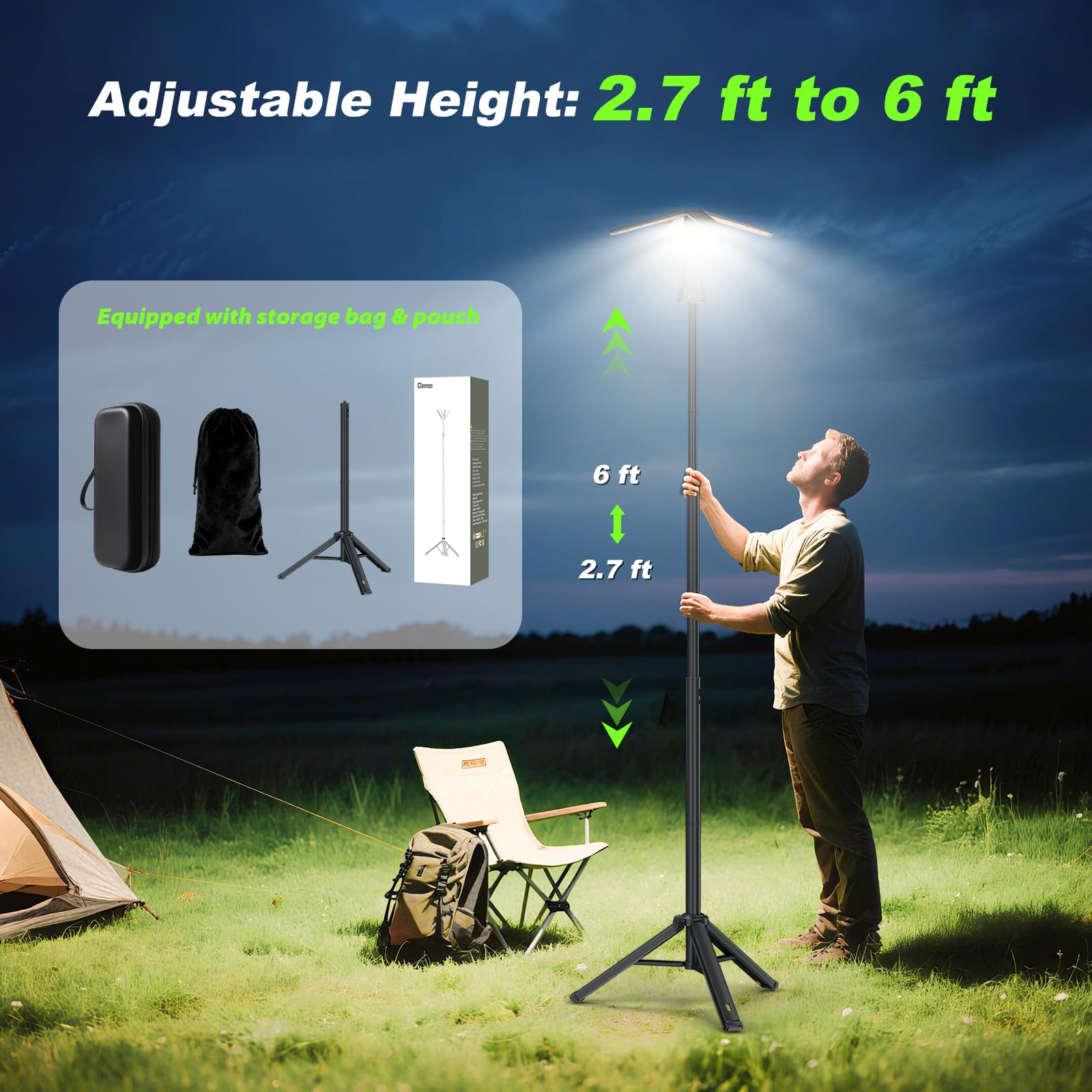 Clemas Camping Lights with Remote & Stand 6 Ft,14000 mAh Rechargeable Camping Lantern Tent Light, 6000 Lumen Magnetic Work Light,Portable Outdoor Light for Hiking,Camping,Emergency,Power Outages