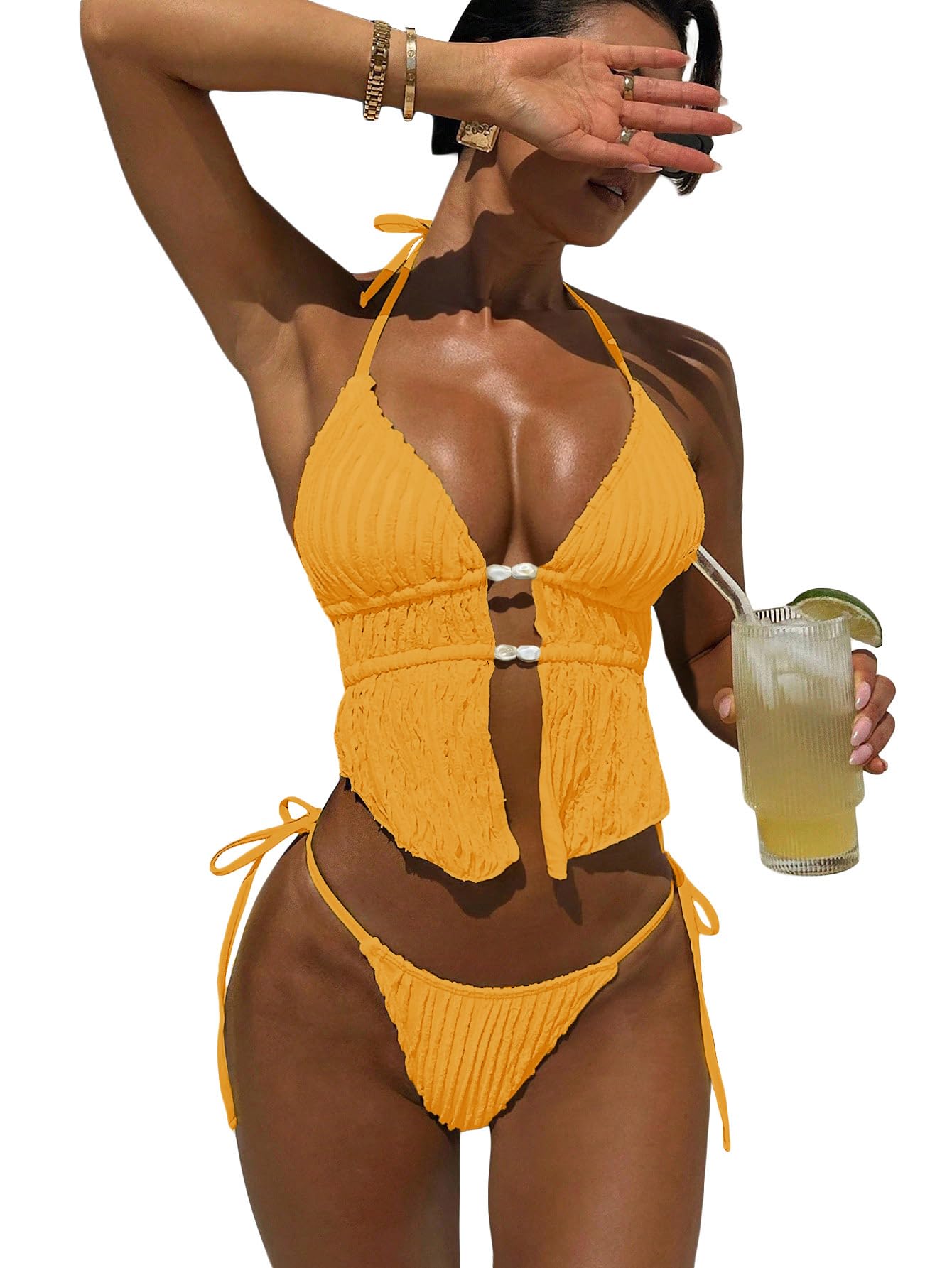RoseSeek Women's 2 Piece Beaded Bikini Sets Halter Swimsuits Textured Backless Tie Side Bathing Suit Dark Yellow XS
