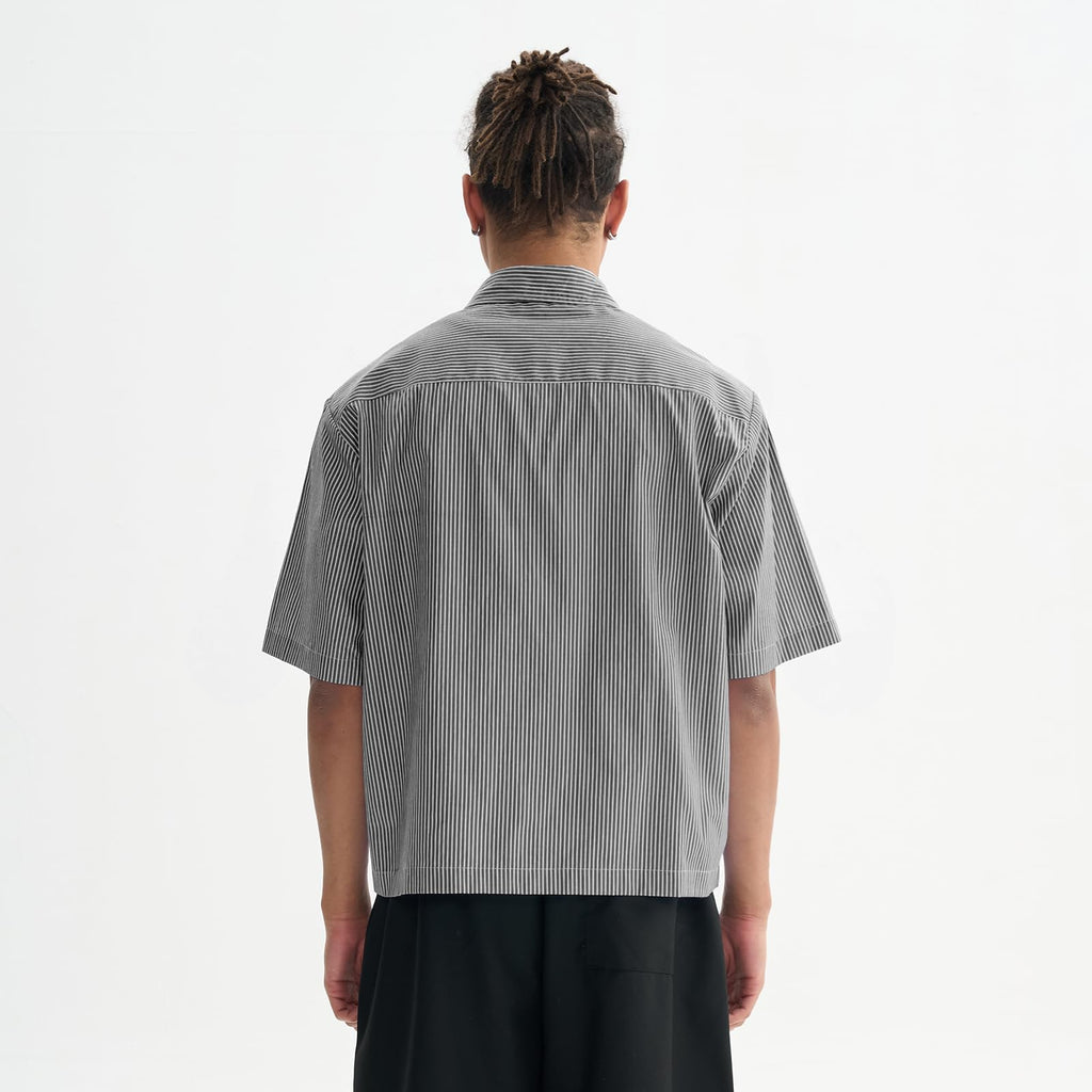 QJT Men's Striped Boxy Cropped Shirts Short Sleeve Button Down Tee Shirt Oversized Baggy Blue T Shirts For Men (US, Alpha, Large, Regular, Regular, Black)
