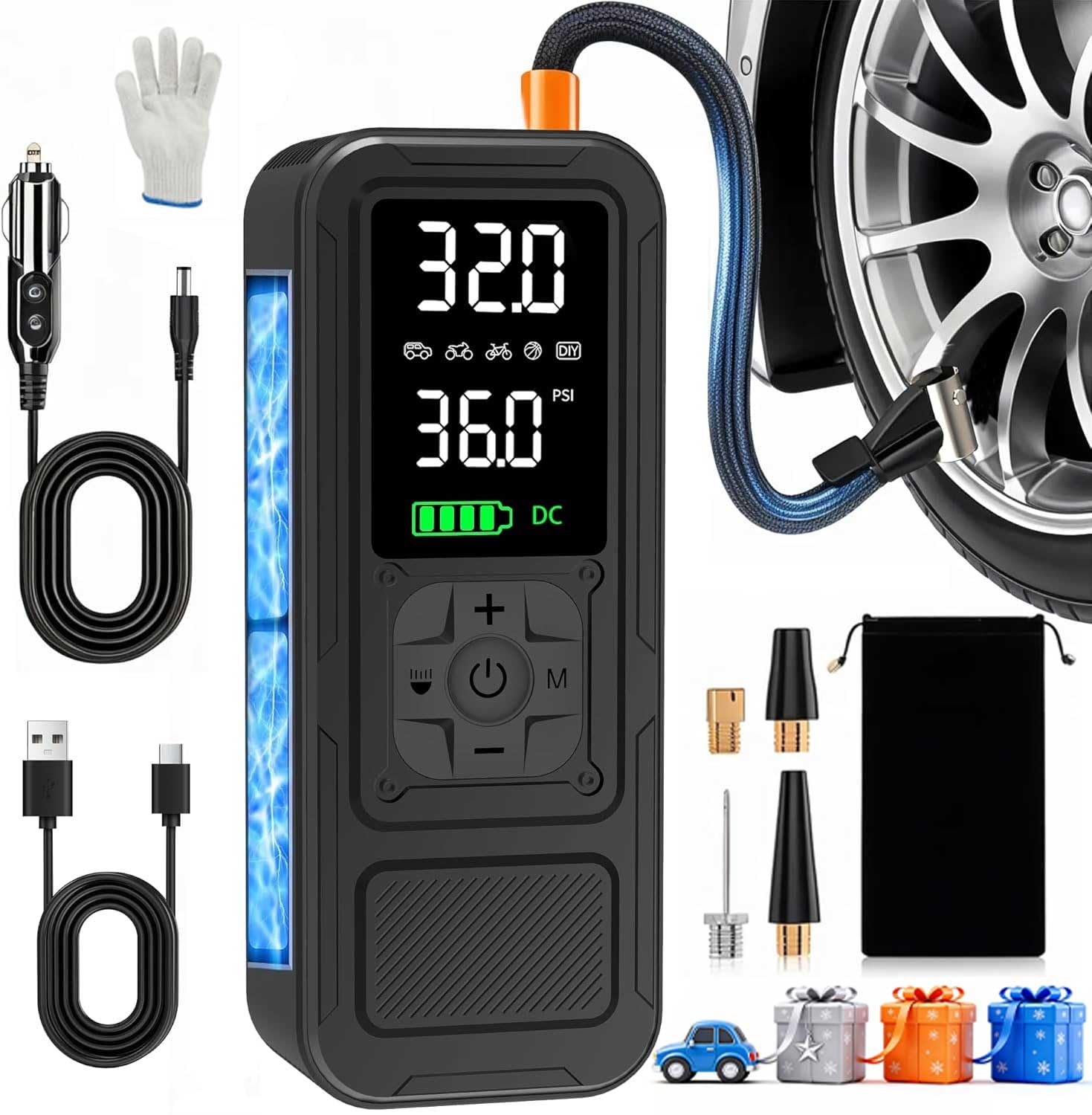 Calmara Y34 Tire Inflator Portable Air Compressor,4X Faster Inflation,6000mAh Cordless/12V DC 150PSI Air Pump with Digital Pressure Gauge for Car,Motorcycle,Bike,Easter Gifts for Him