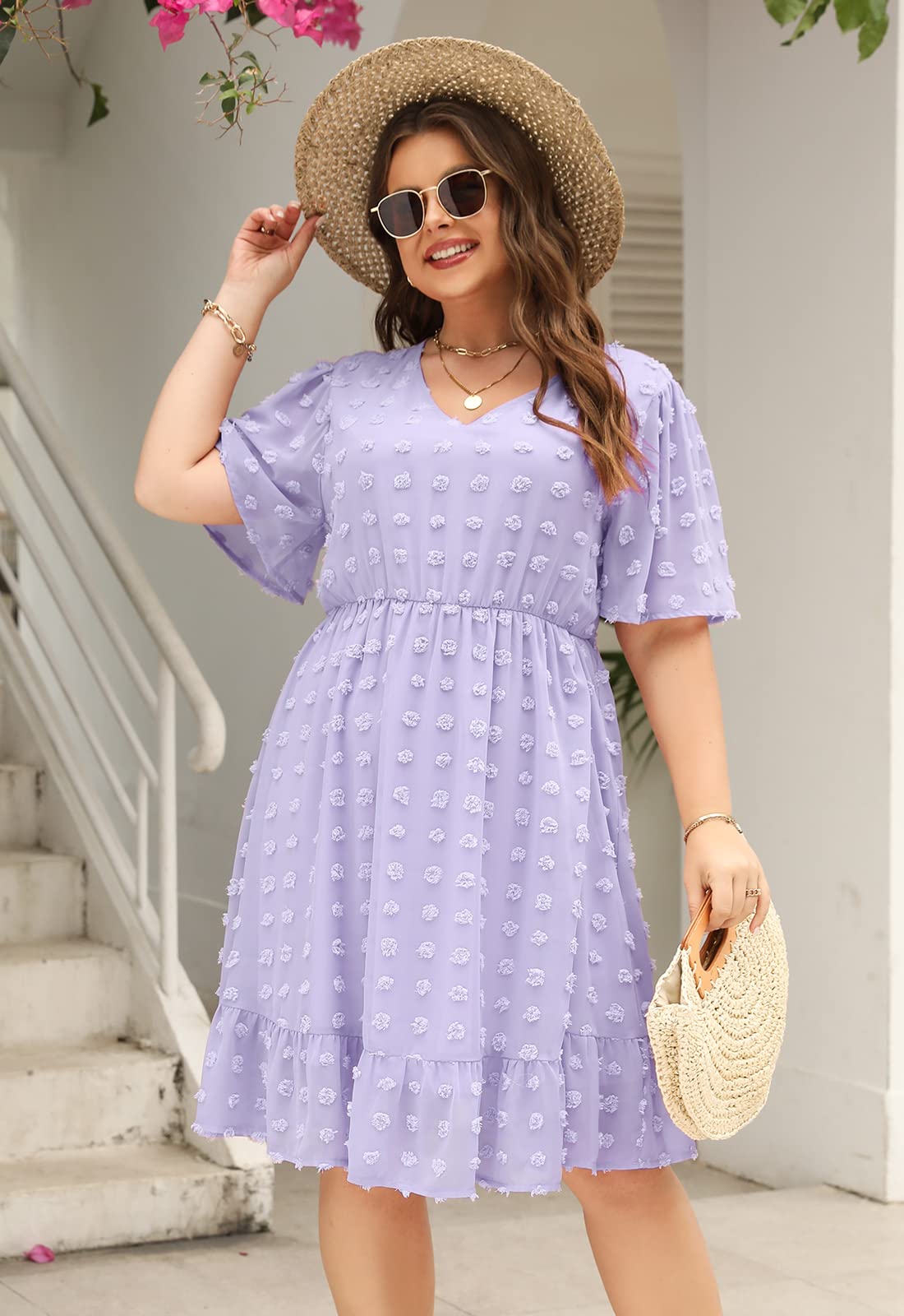 Keluummi Plus Size Wedding Guest Midi Dresses for Curvy Women, Casual Summer Swiss Dot Baby Shower Dress with Sleeve(20 Plus, 01 - Mauve)