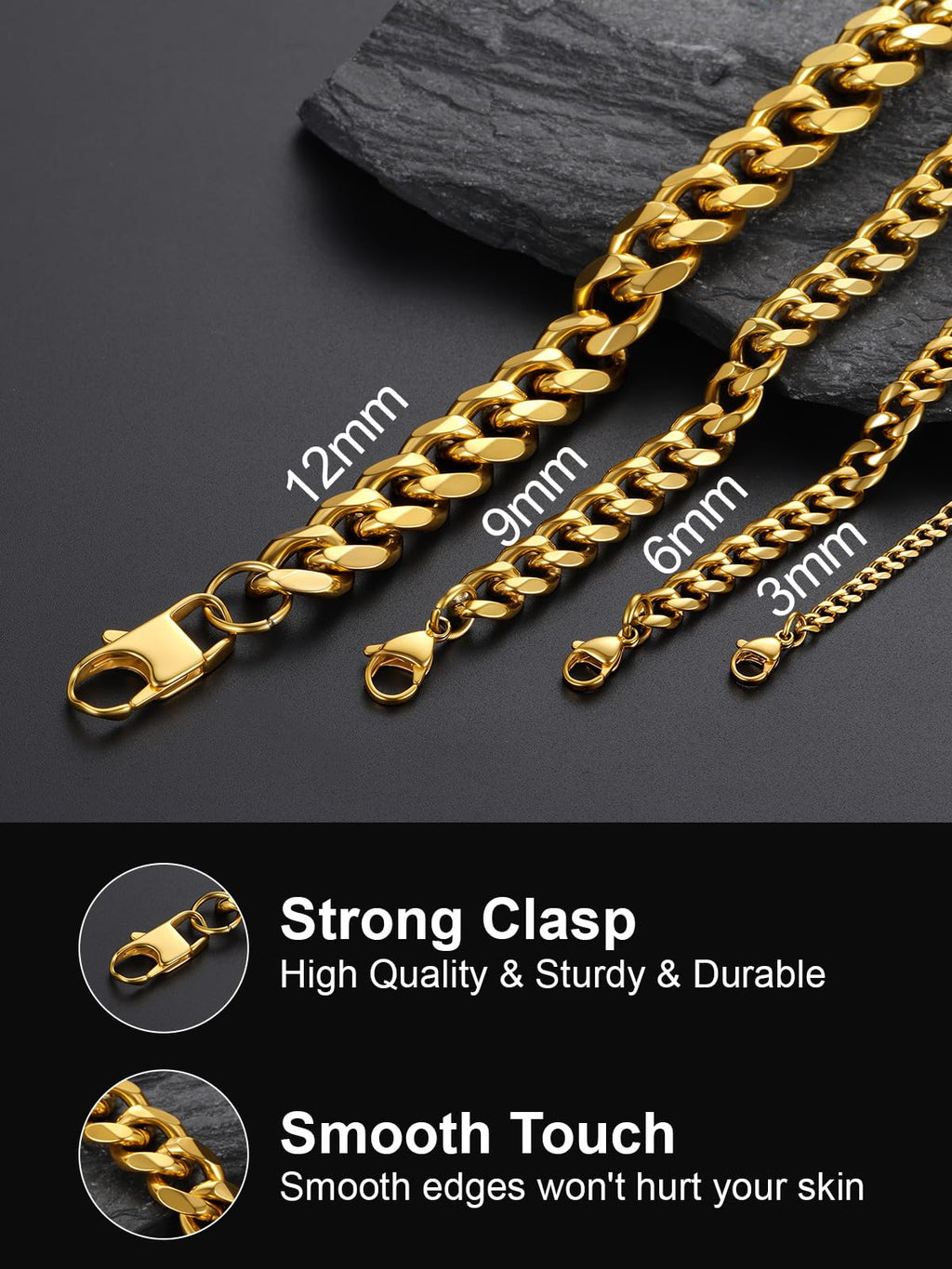 U7 mens, womens,boys, girls Curb Chain Necklace 18K Gold Plated Stainless Steel 9mm Wide Chunky Hip Hop Jewelry Strong Cuban Link Chain 18