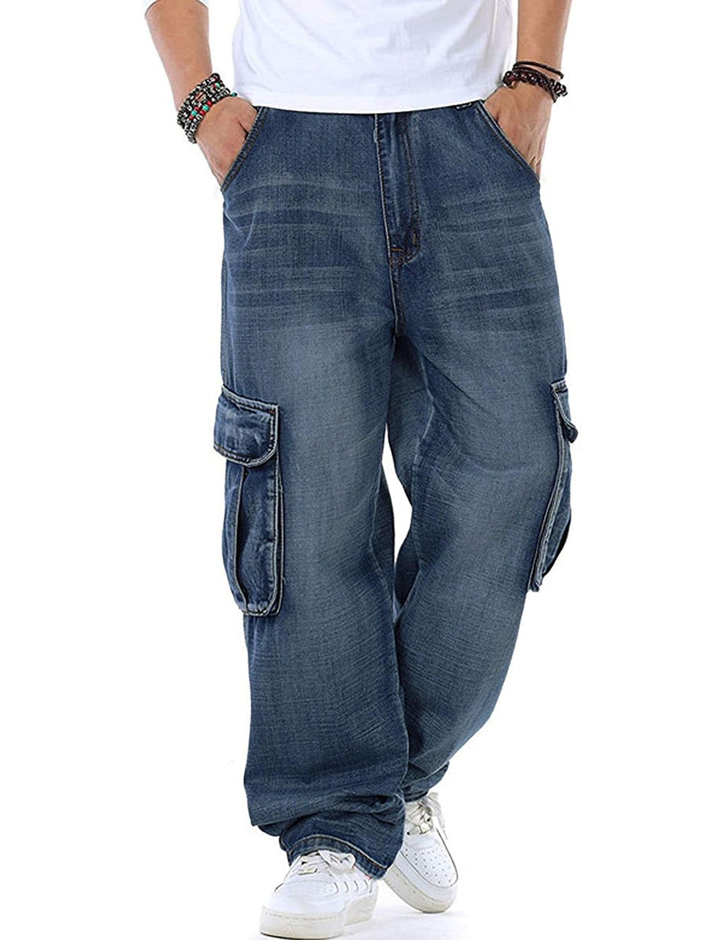 Yeokou Men's Casual Loose Hip Hop Denim Work Pants Jeans with Cargo Pockets(LightBlue-44)